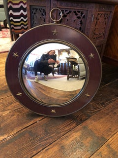 Masculine Round Convex Mahogany Mirror with Brass Stars