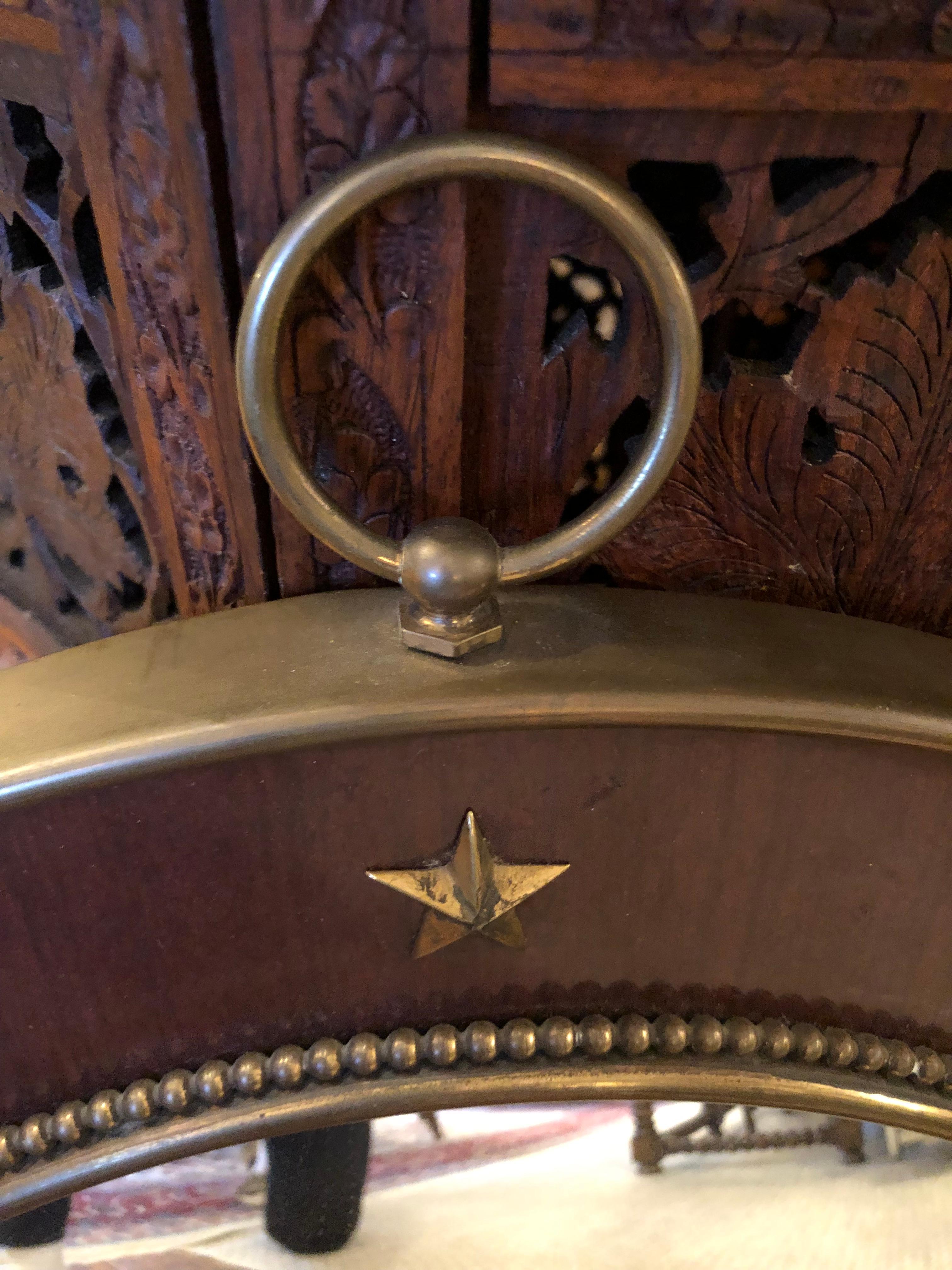 American Masculine Round Convex Mahogany Mirror with Brass Stars