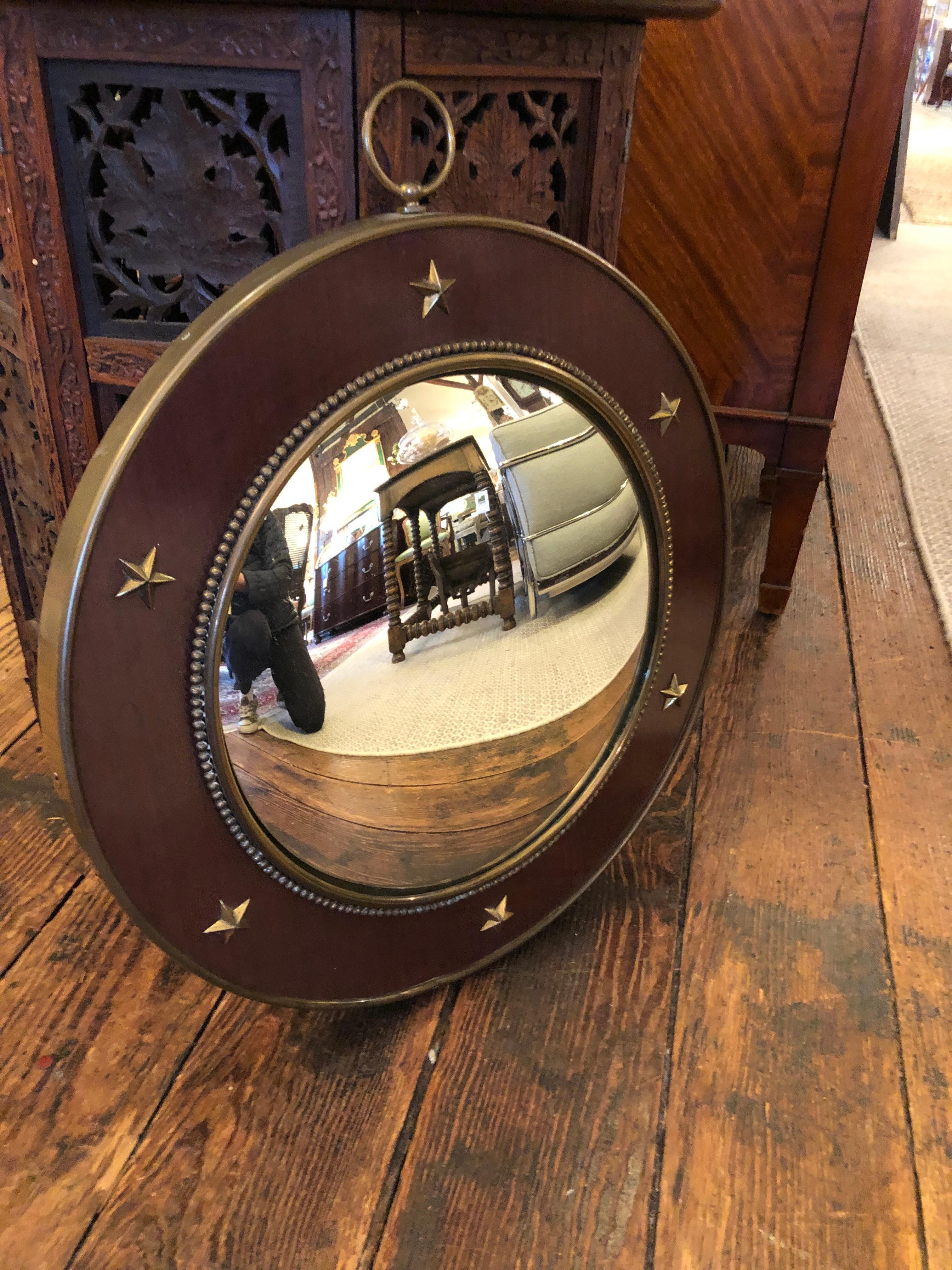 Masculine Round Convex Mahogany Mirror with Brass Stars In Good Condition In Hopewell, NJ