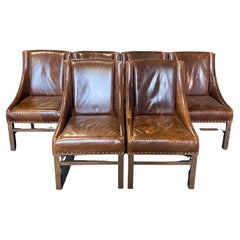 Masculine Set of 6 Rich Brown Leather Sidechairs or Dining Chairs