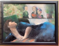 Vintage 1987 American Artist Mase Lucas Painting on Canvas Portrait of a Nostalgic Woman