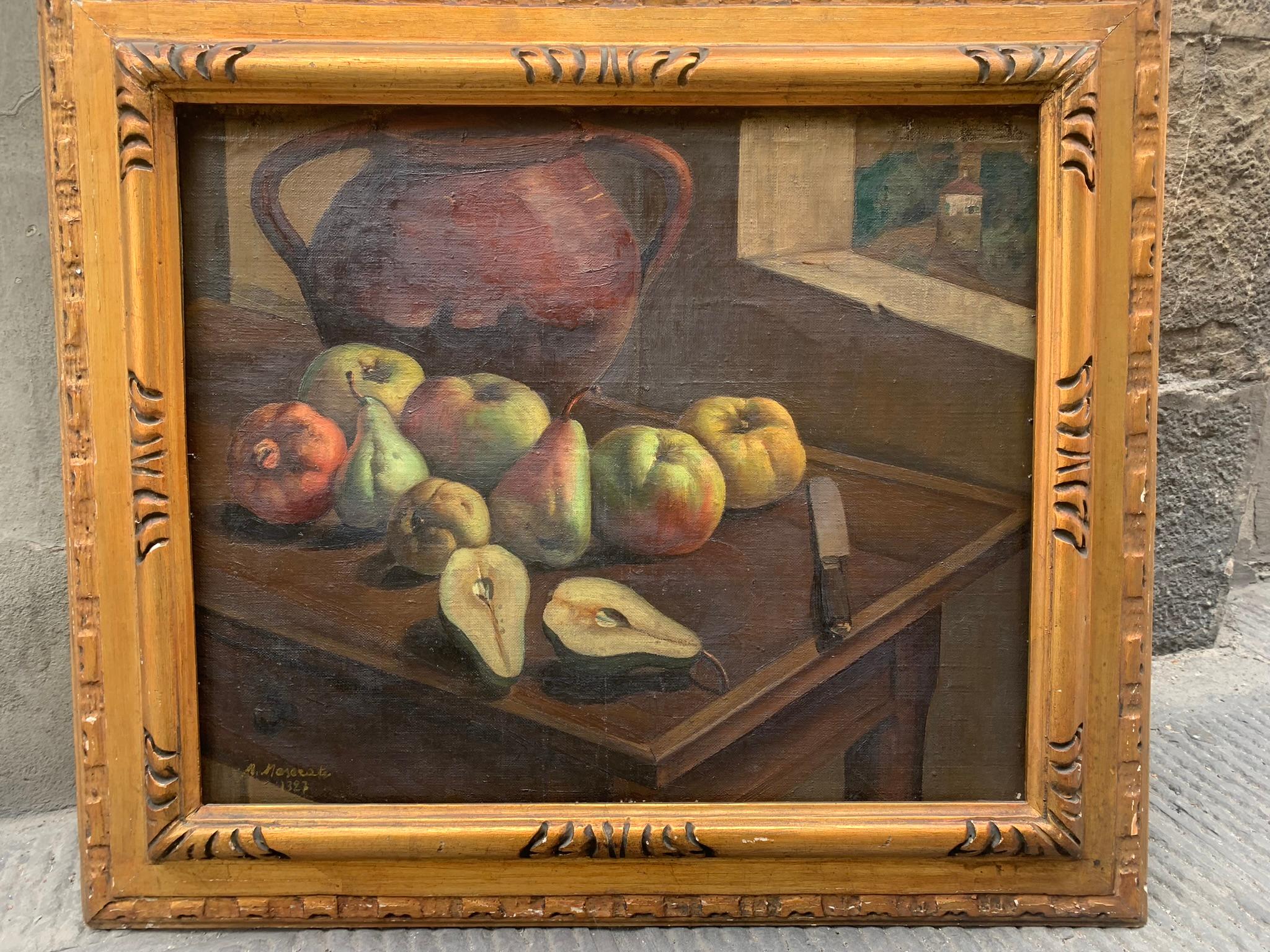 Still Life with Pears and Pomegranate by Mario Maserati. Signed and Dated 1927. 4