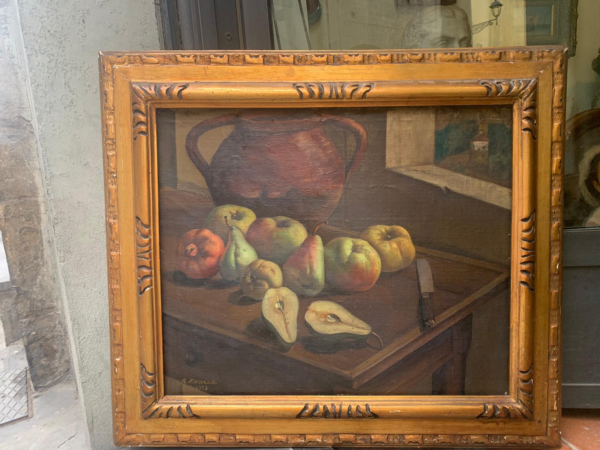 Still Life with Pears and Pomegranate by Mario Maserati. Signed and Dated 1927. 6
