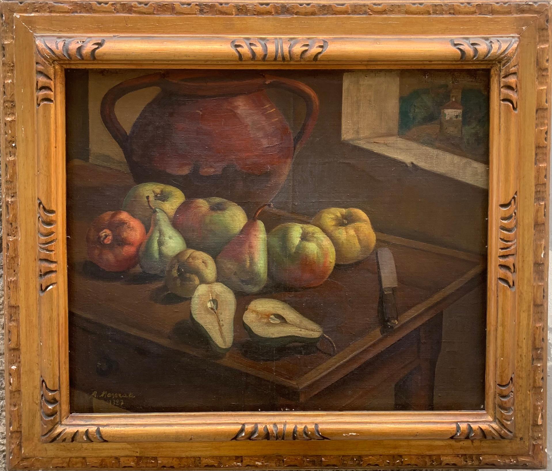 Maserati Mario Figurative Painting - Still Life with Pears and Pomegranate by Mario Maserati. Signed and Dated 1927.