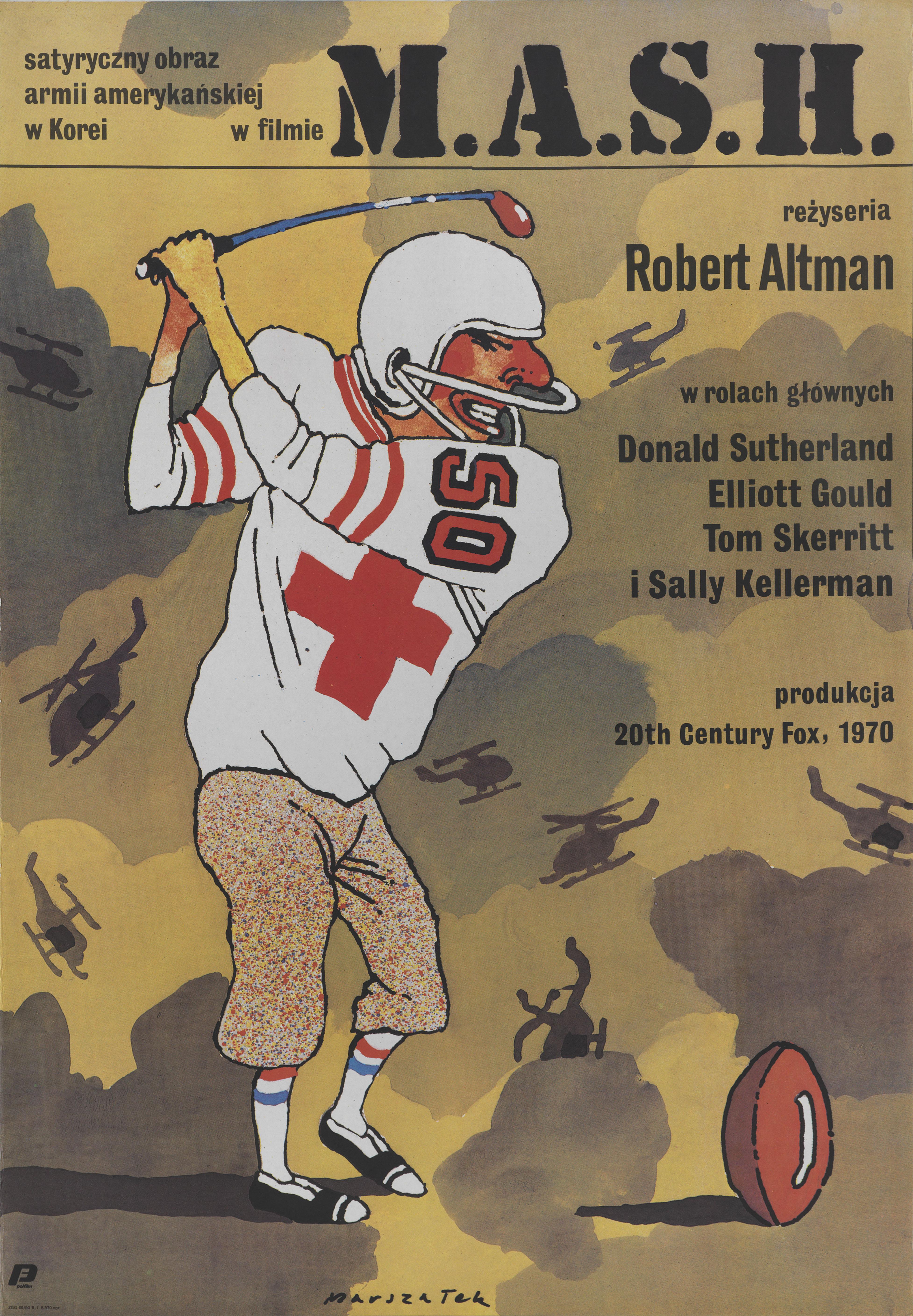 Original Polish film poster for the 1970 war comedy Mash.
This film starred Donald Sutherland and Elliott Gould and was directed by Robert Altman.
The artwork on this poster is by the Polish artist Grzegorz Marszalek (b. 1946)
This poster is