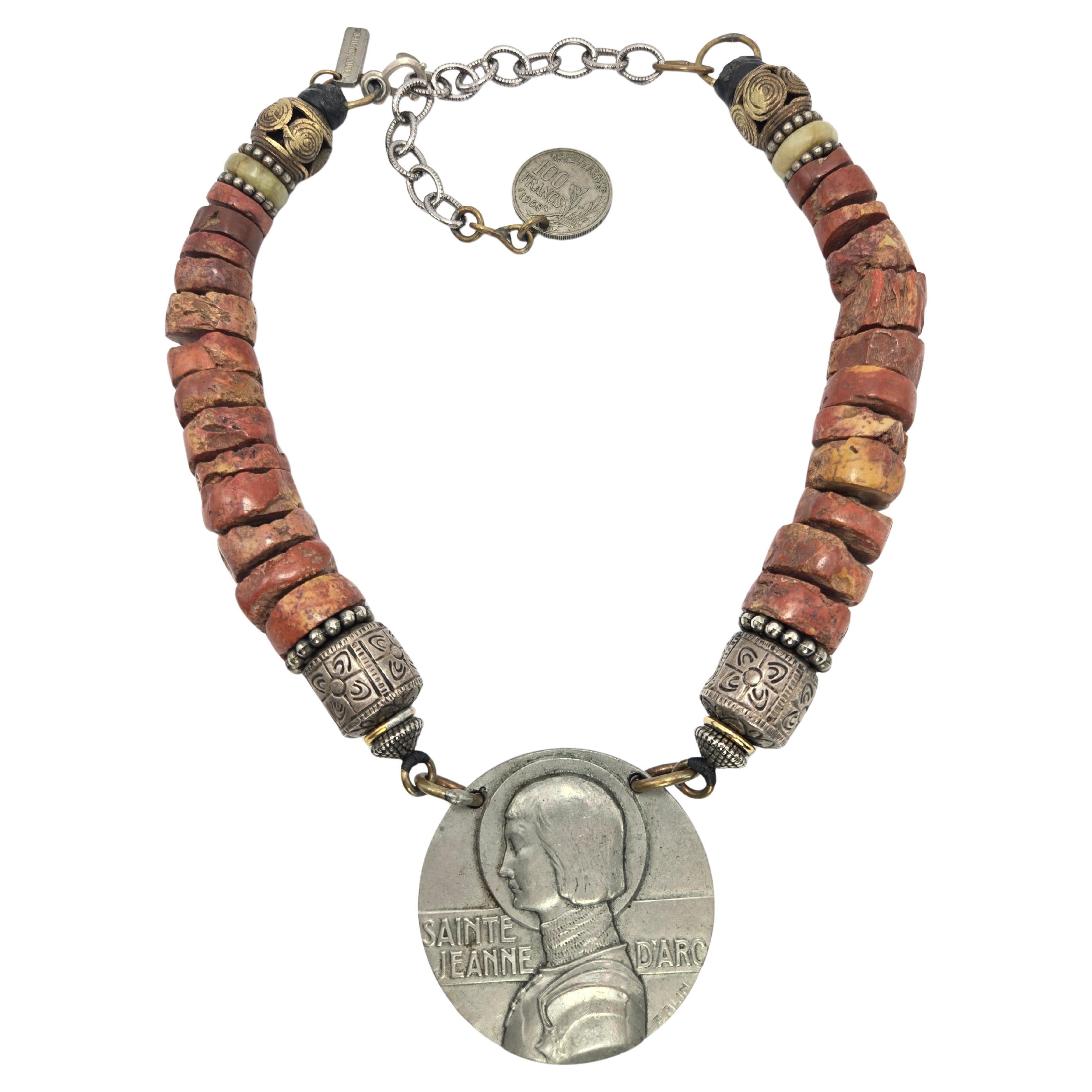 Masha Archer Joan of Arc Pendant Necklace with Bauxite and Silver Beads For Sale