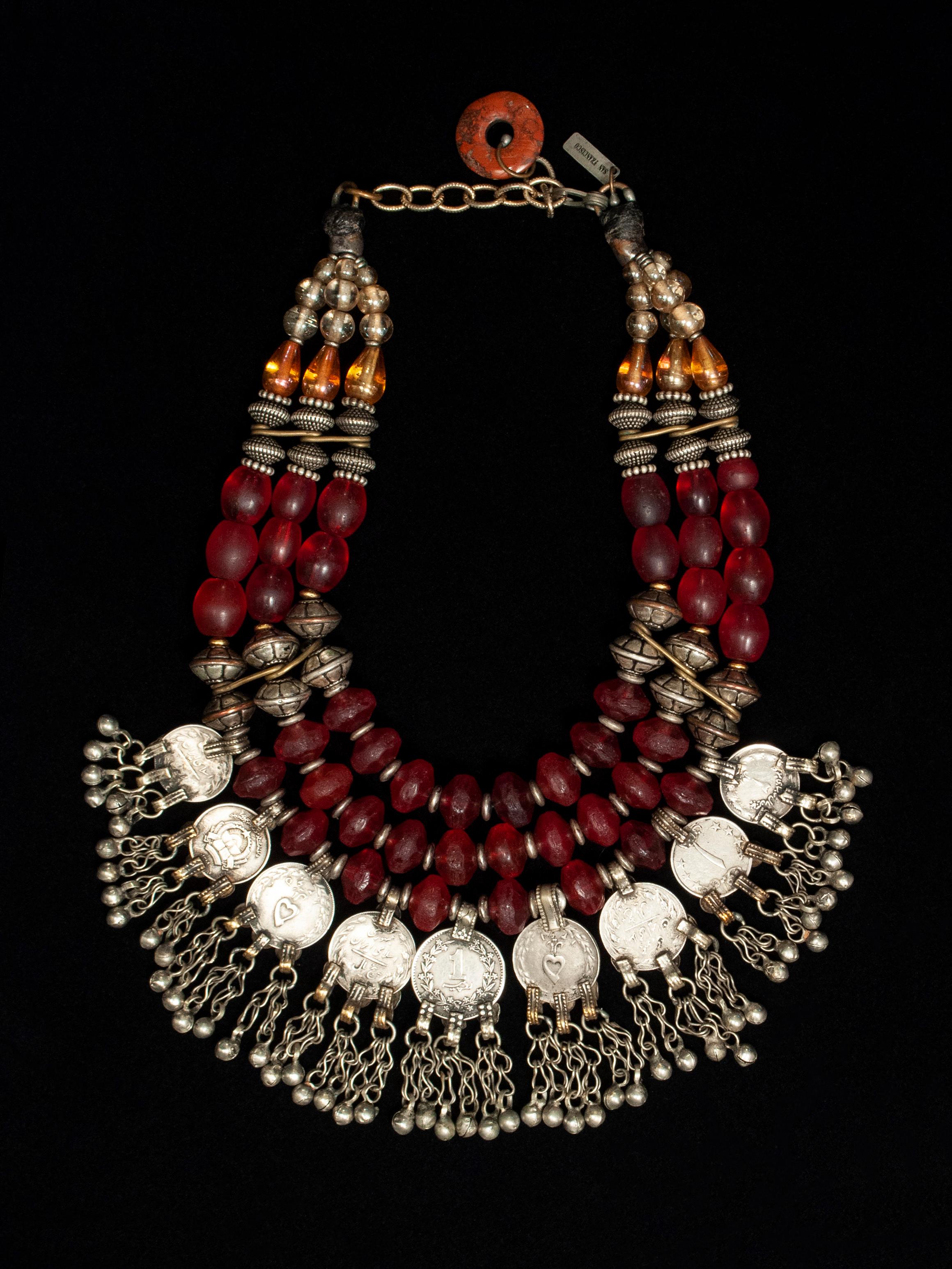 American Masha Archer Silver, Red and Green Tribal Necklace