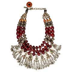 Masha Archer Silver, Red and Green Tribal Necklace