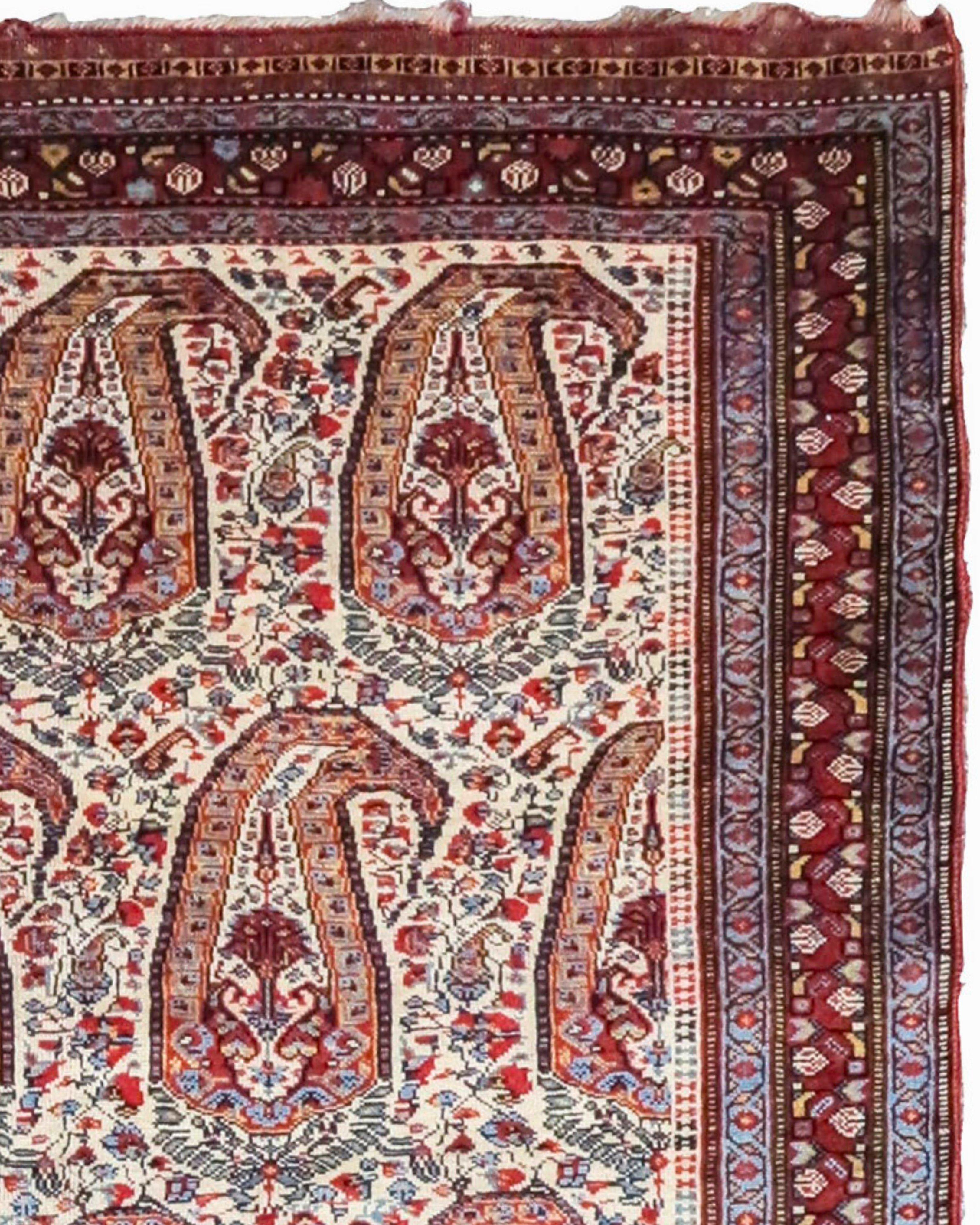 Antique Persian Mashad Rug, 19th Century

Mashad is situated in the far northeast of Persia and is the largest city of the ancient province of Khorosan. Like other eastern Persian carpet weaving groups, Mashad carpets of the 19th and early 20th