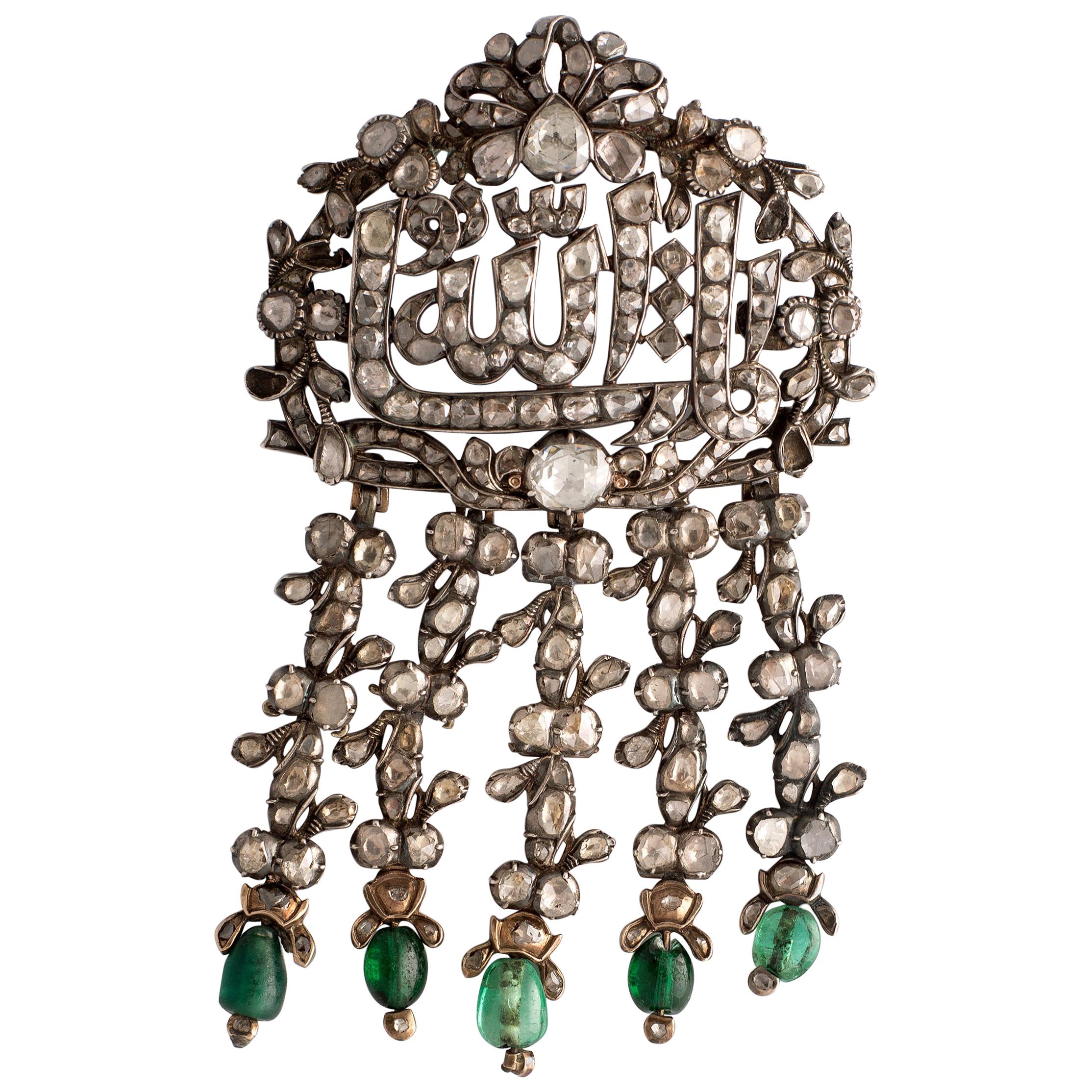 Mashallah Antique Rose Cut Diamond and Emerald Stomacher Brooch
