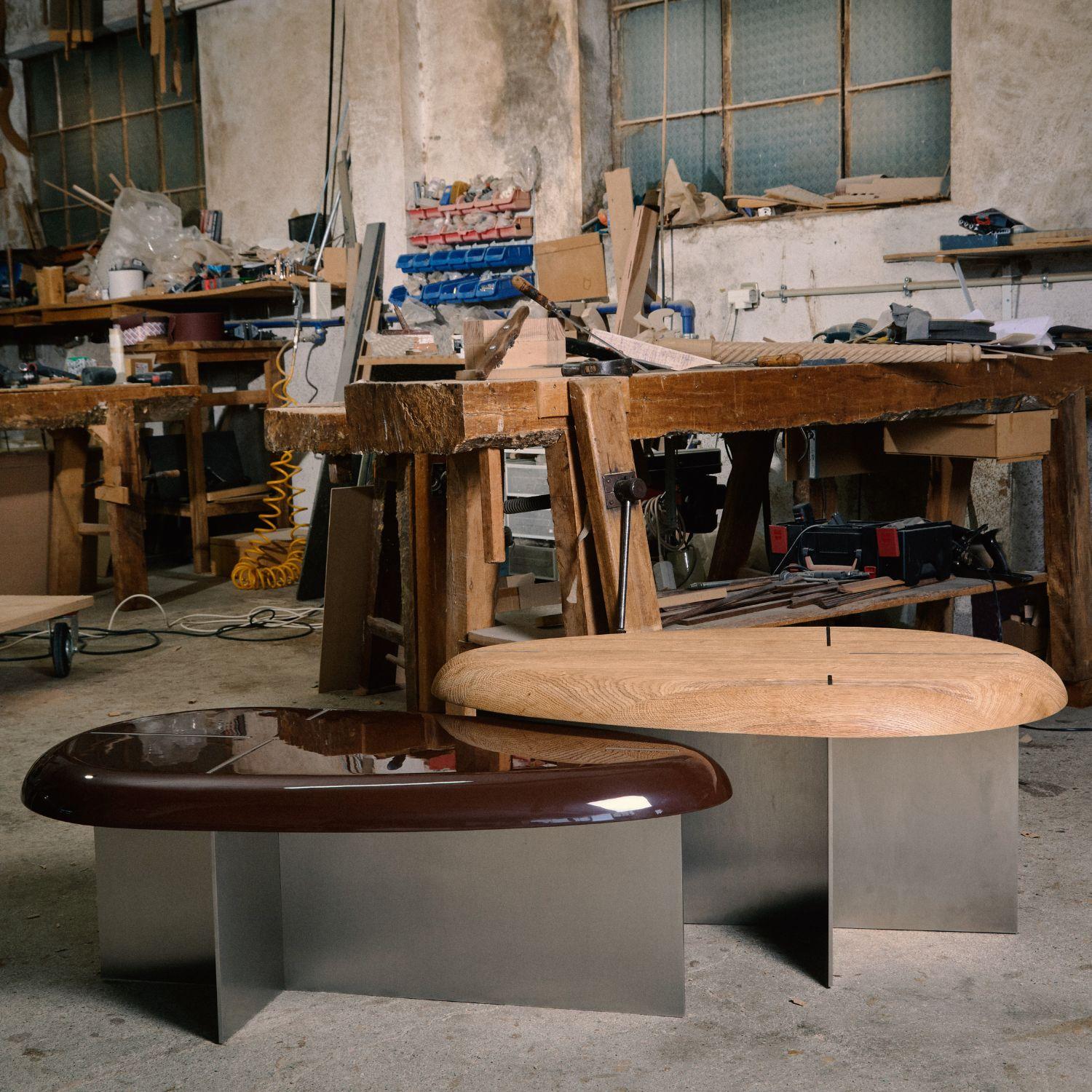 Mid-Century Modern 21st Century Mask Coffee Table, Sandblasted oak Wood, Handcrafted by Duistt For Sale