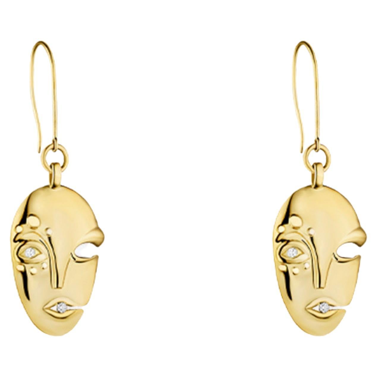 Mask Drop Earrings in 18K Gold with Diamond For Sale