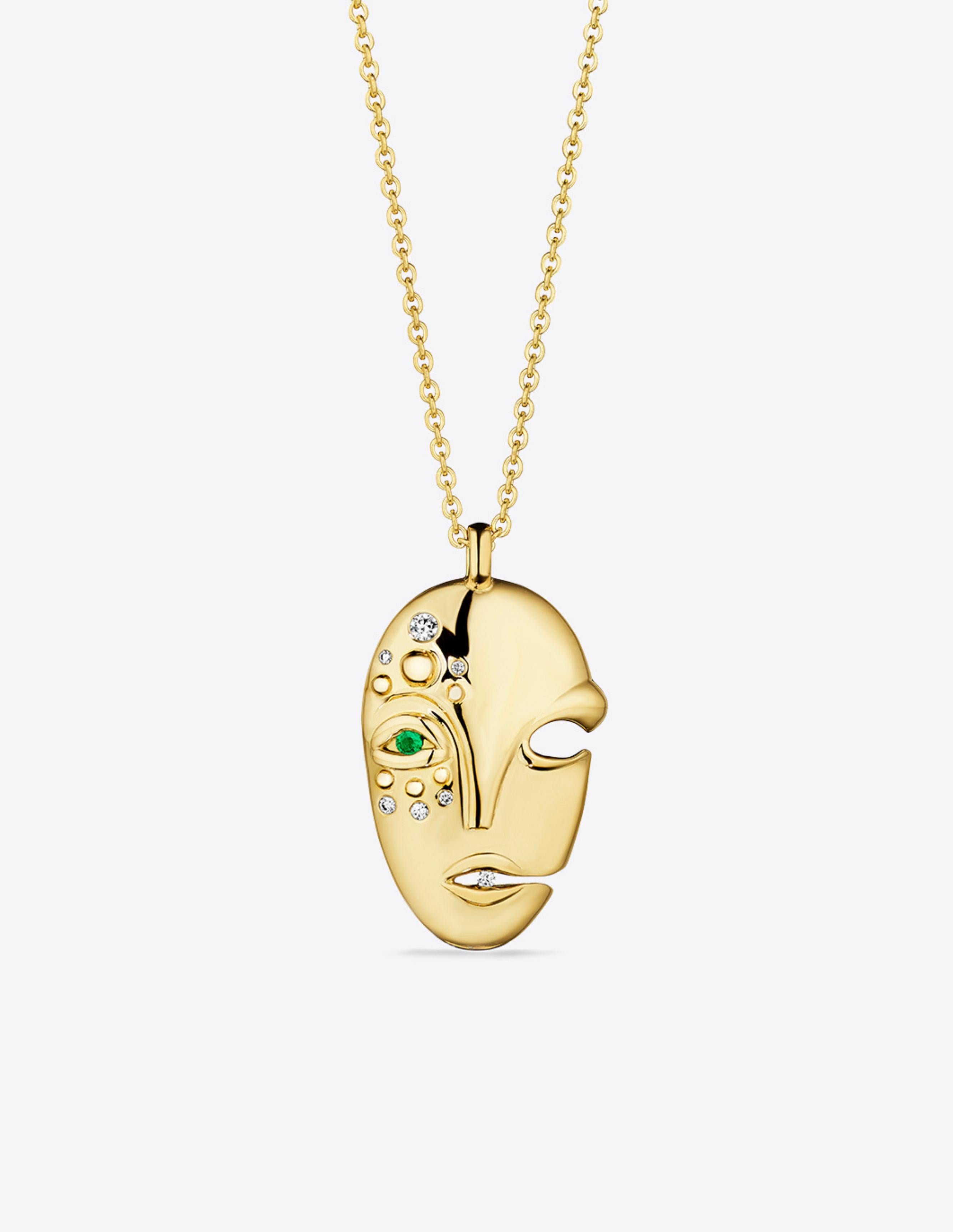 Taille ronde Pendentif masque en or 18 carats avec émeraude et diamants en vente
