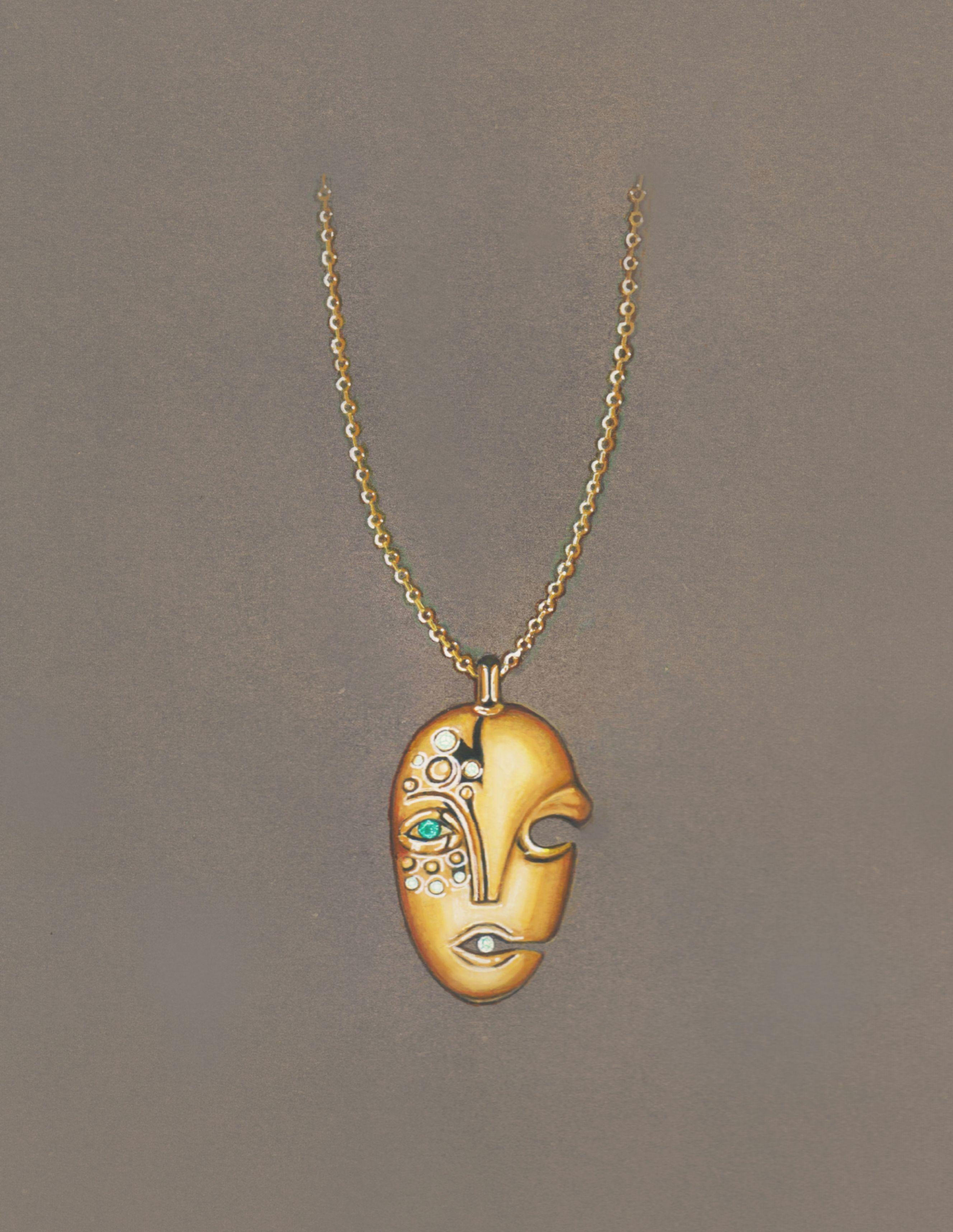 Pendentif masque en or 18 carats avec émeraude et diamants Neuf - En vente à Brooklyn, NY
