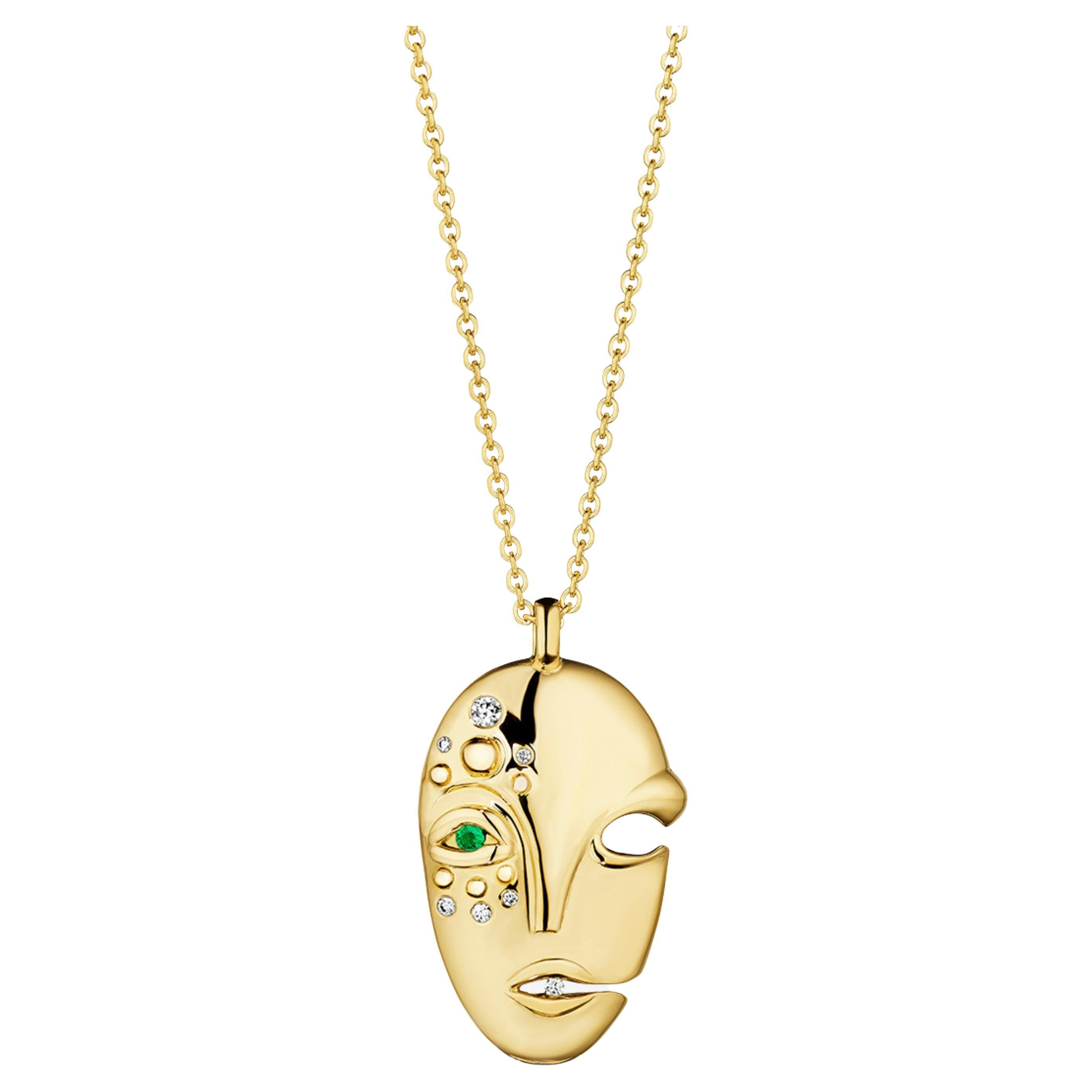 Mask Pendant in 18K Gold with Emerald & Diamond For Sale