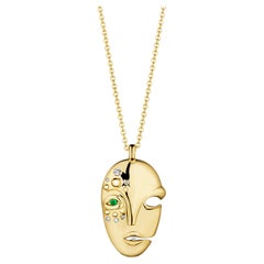 Mask Pendant in 18K Gold with Emerald & Diamond