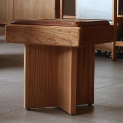 Maskara Stool In Natural Cherry And Oak Wood With Supple Brown Leather Cushion