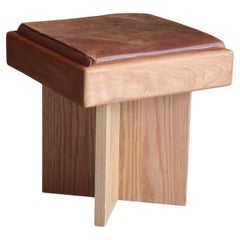 Maskara Stool In Natural Cherry And Oak Wood With Supple Brown Leather Cushion