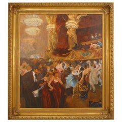 Hand-Painted Biedermeier Style Masked Ball Painting, Late 20th Century
