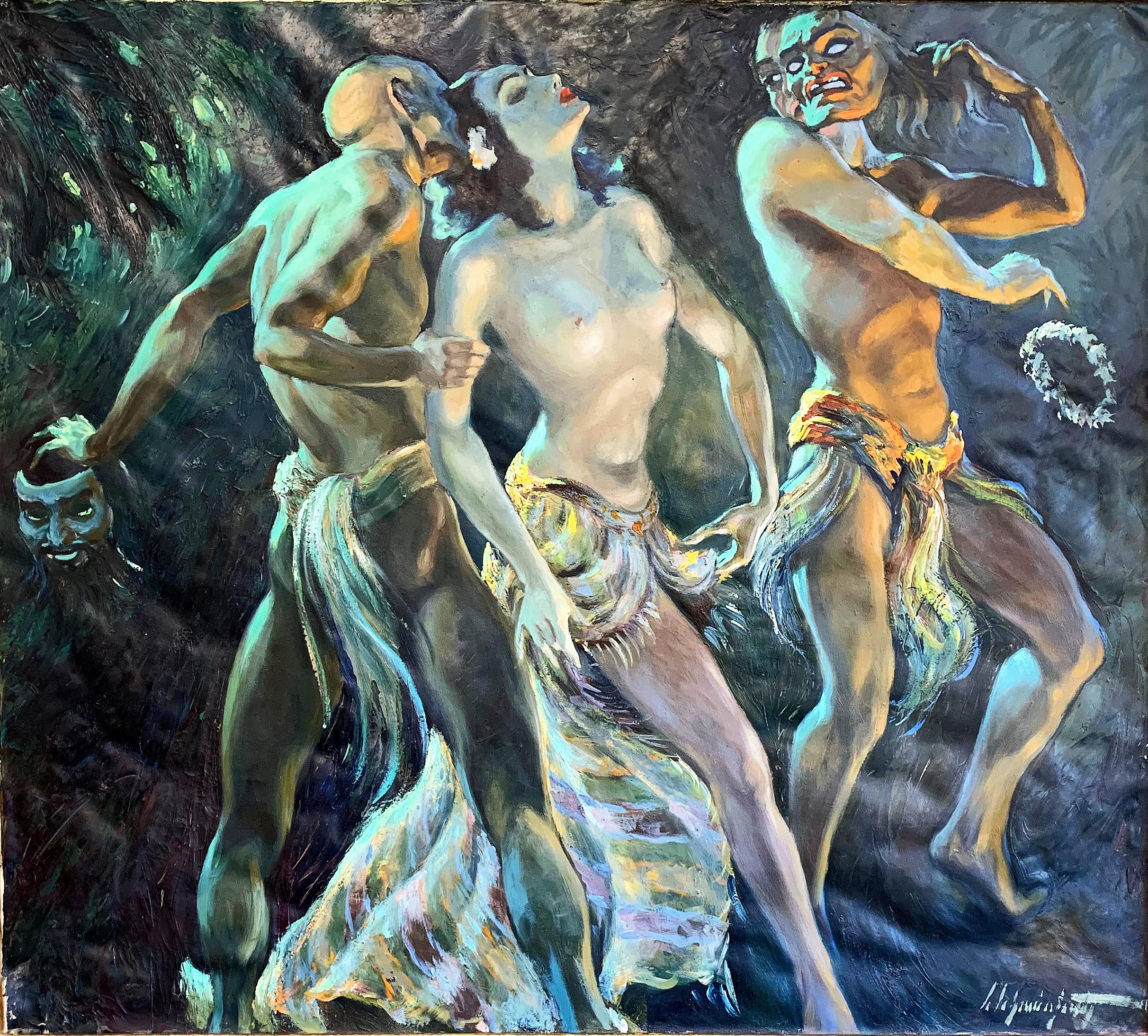 Daring and a bit decadent, this fabulous Art Deco painting depicts three semi-nude figures, the two flanking male figures attempting to beguile and seduce the female at the painting's centre, whose nose is turned up in refusal. Each of the male