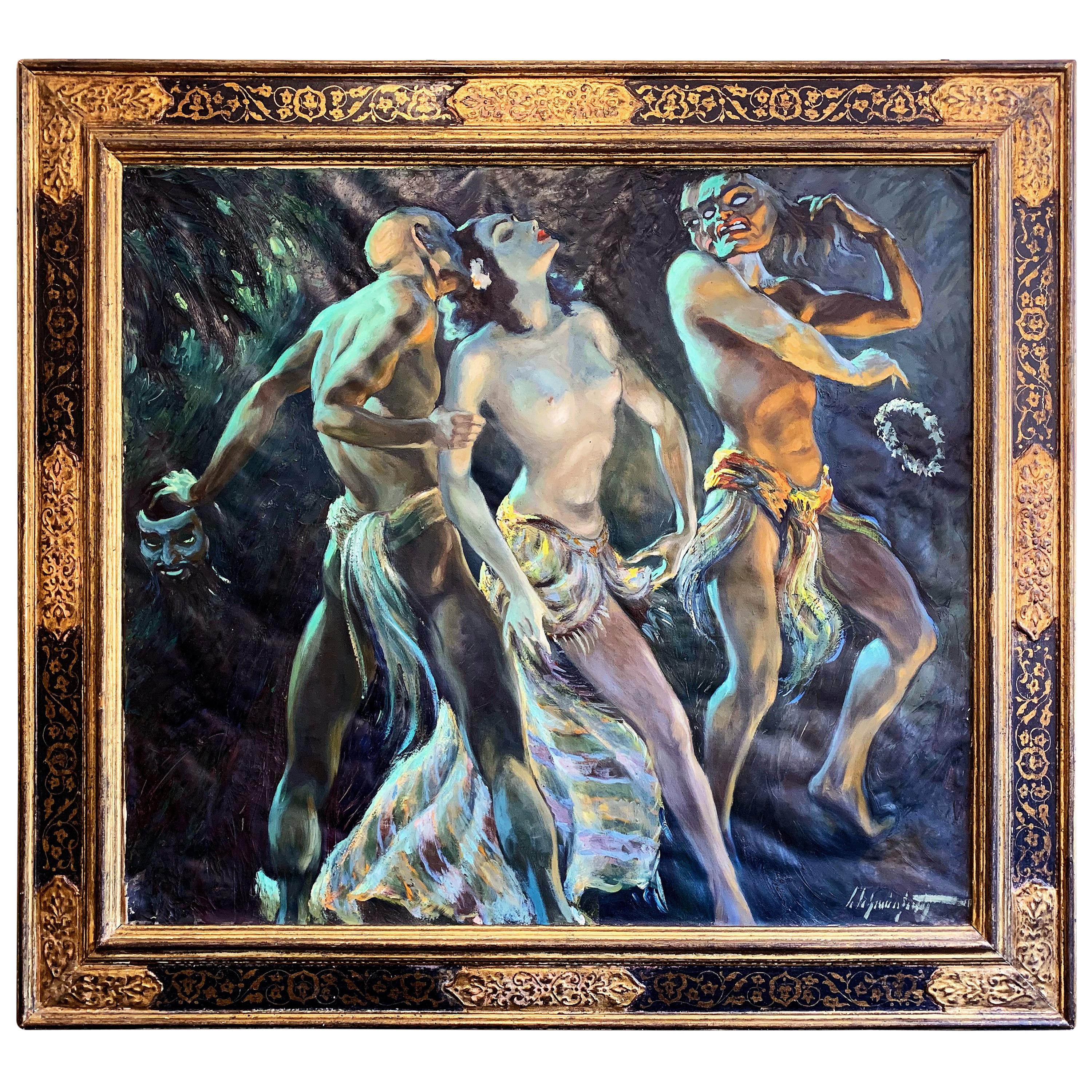 "Masked Dance, " Fabulous French Art Deco Painting Influenced by Ballet Russes