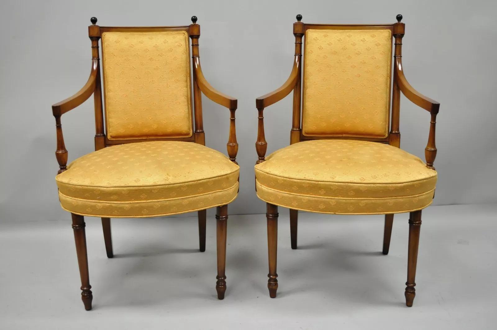 Vintage Maslow Freen French Empire Style Mahogany Upholstered Dining Chairs - Set of 8. Listing includes (6) Side chairs, (2) Armchairs, wooden ball form finials, nice wide seats, solid wood construction, quality American craftsmanship. Circa Mid