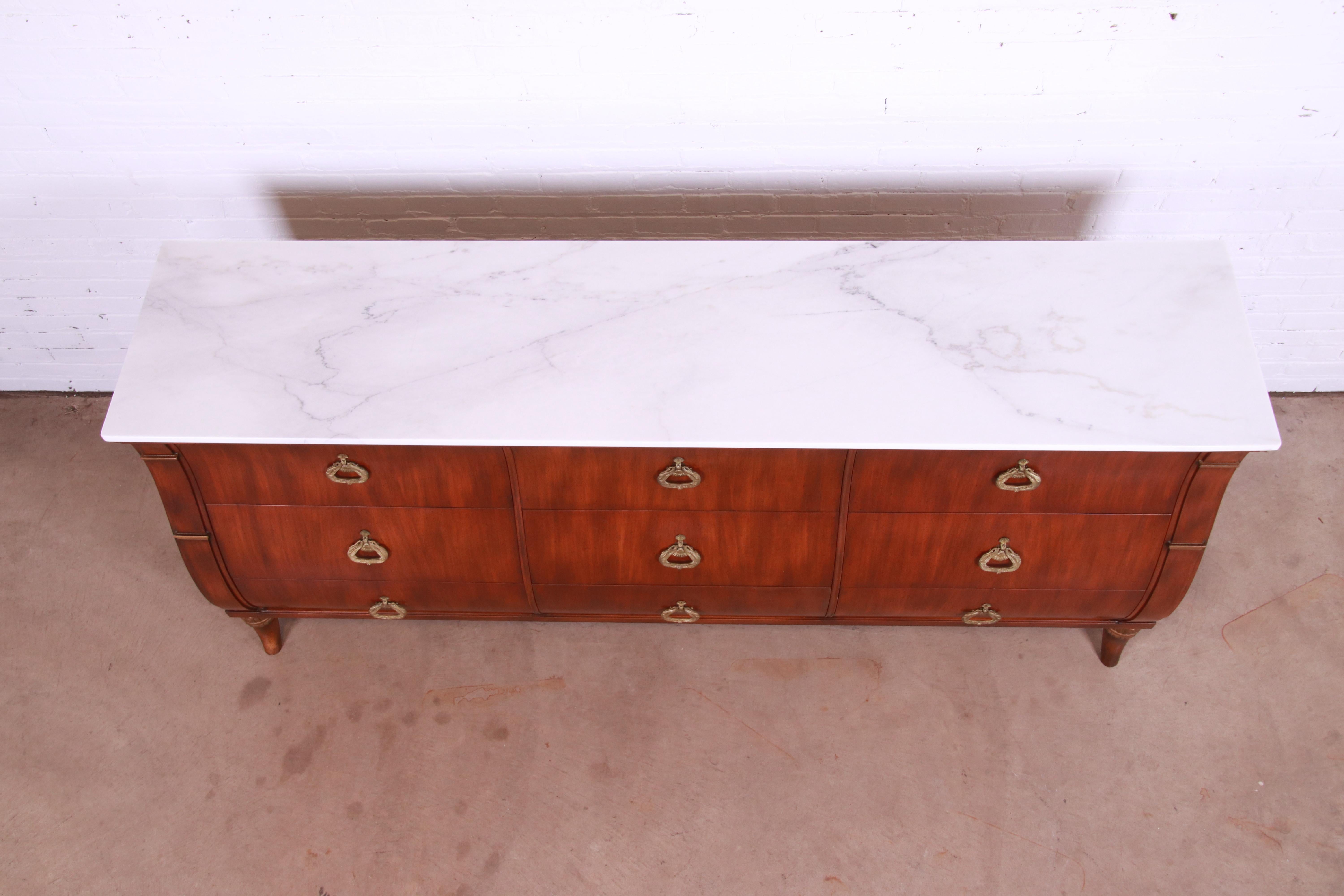 20th Century Maslow Freen French Regency Louis XVI Walnut Bombe Form Marble Top Dresser