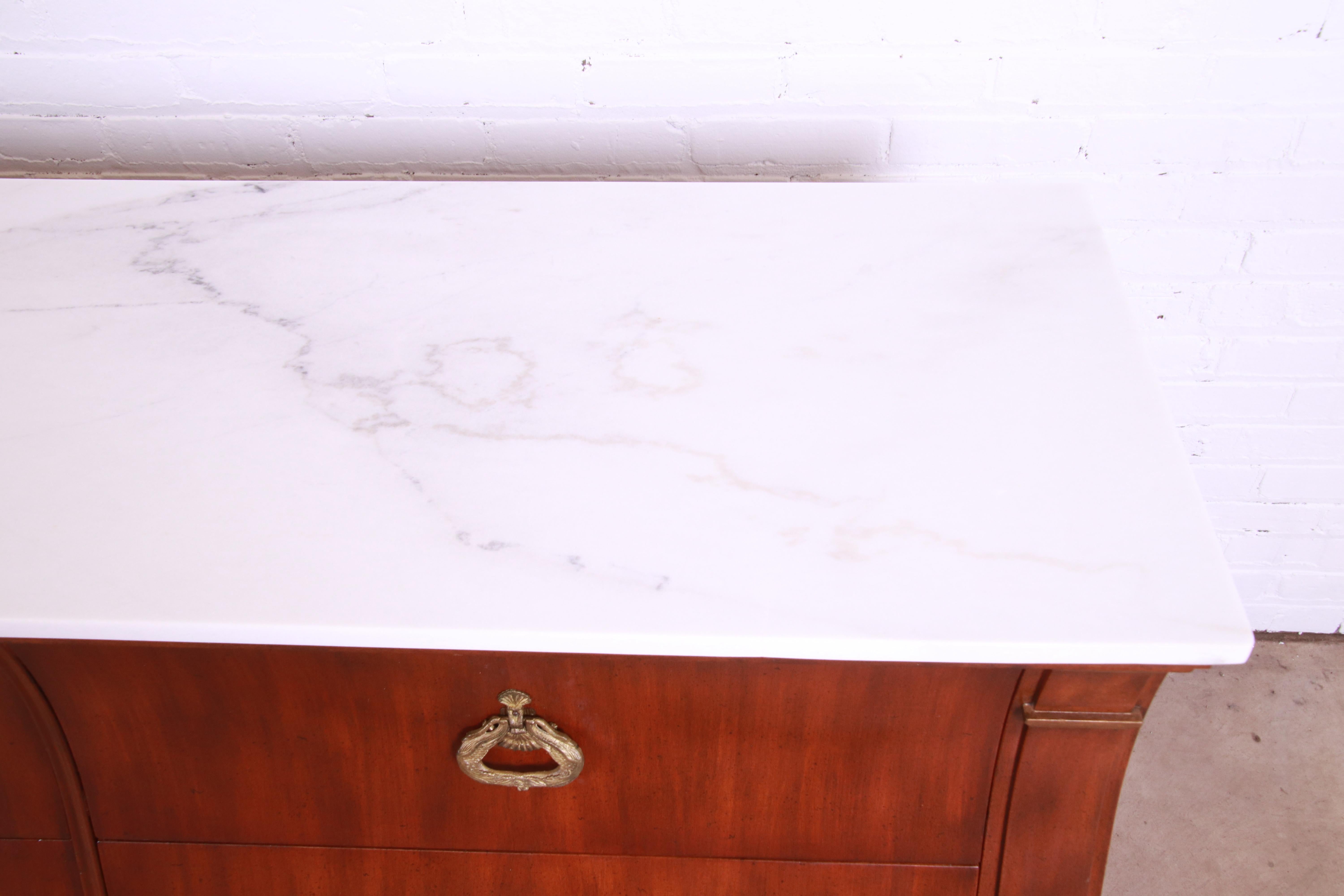 Carrara Marble Maslow Freen French Regency Louis XVI Walnut Bombe Form Marble Top Dresser
