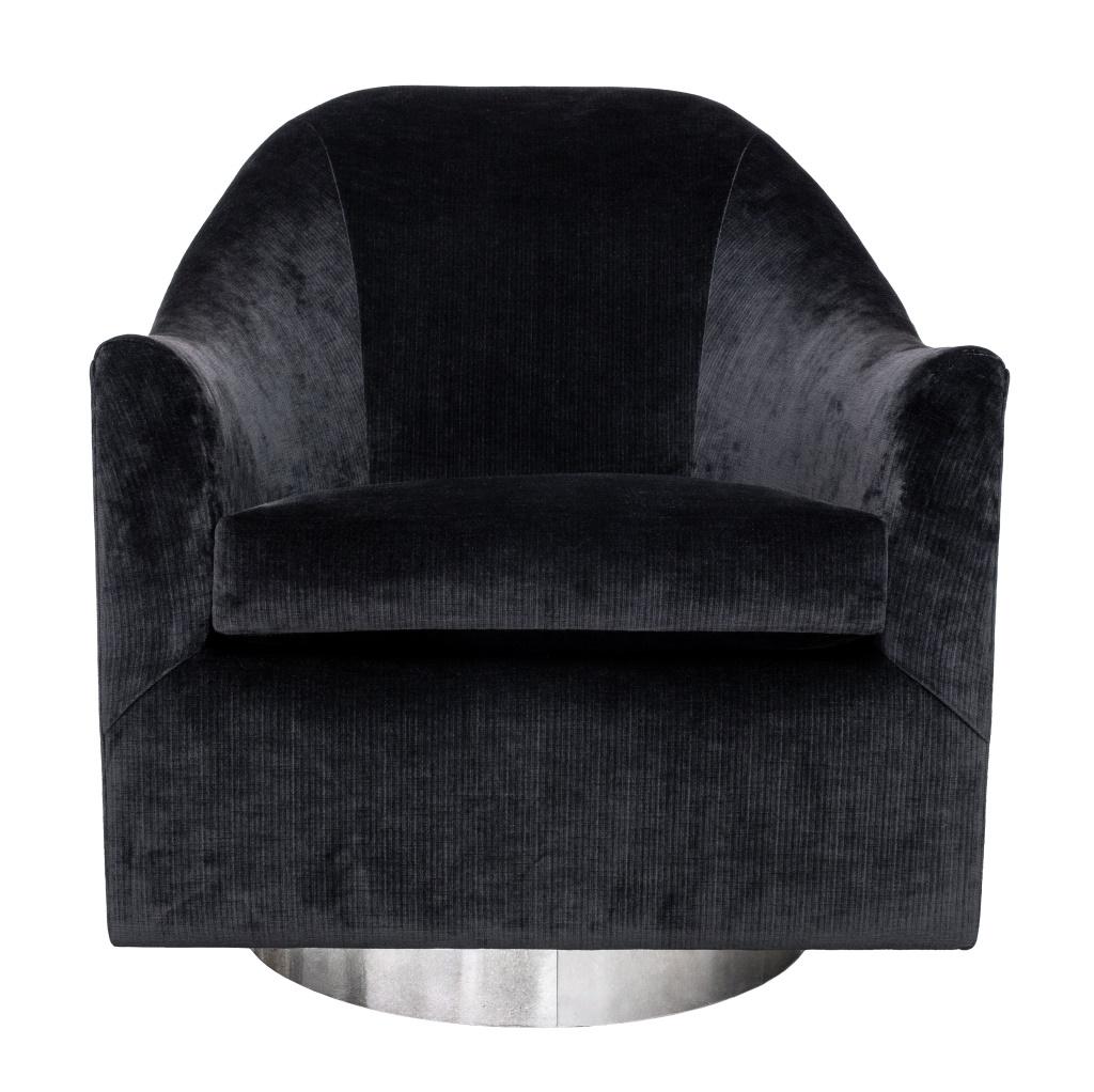 Mason Art Custom-Made Arm Chair with swoop back and black velvet upholstery upon a silver-tone metal swivel base, in the manner of Milo Baughman (American, 1923-2003), label beneath cushion.

Dealer: S138XX