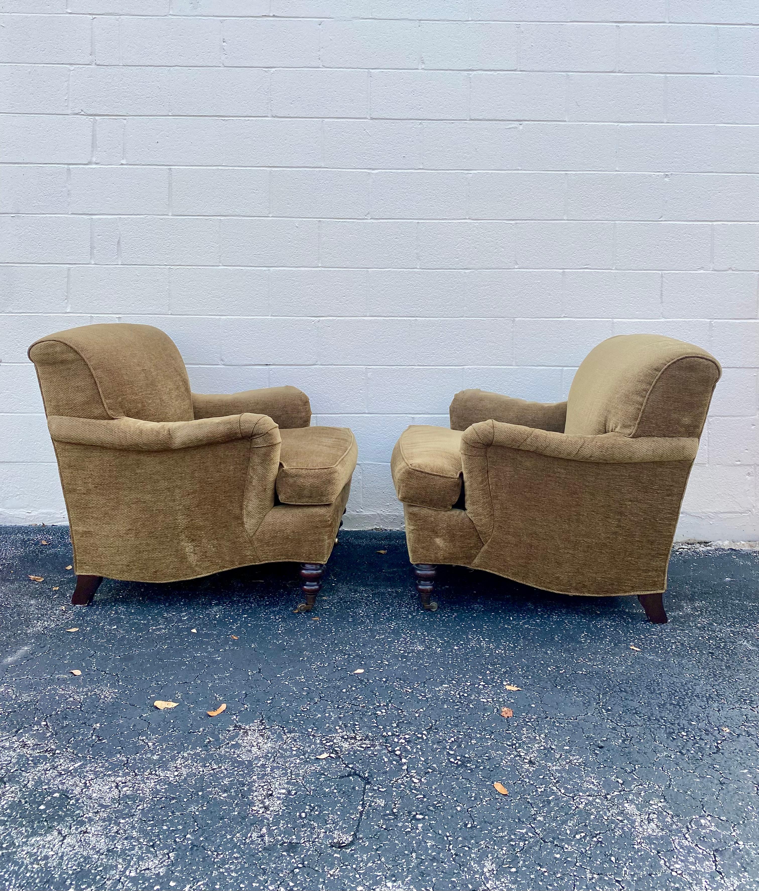 Hollywood Regency Mason-Art English Library Chenille Club Chairs on Castors, Set of 2