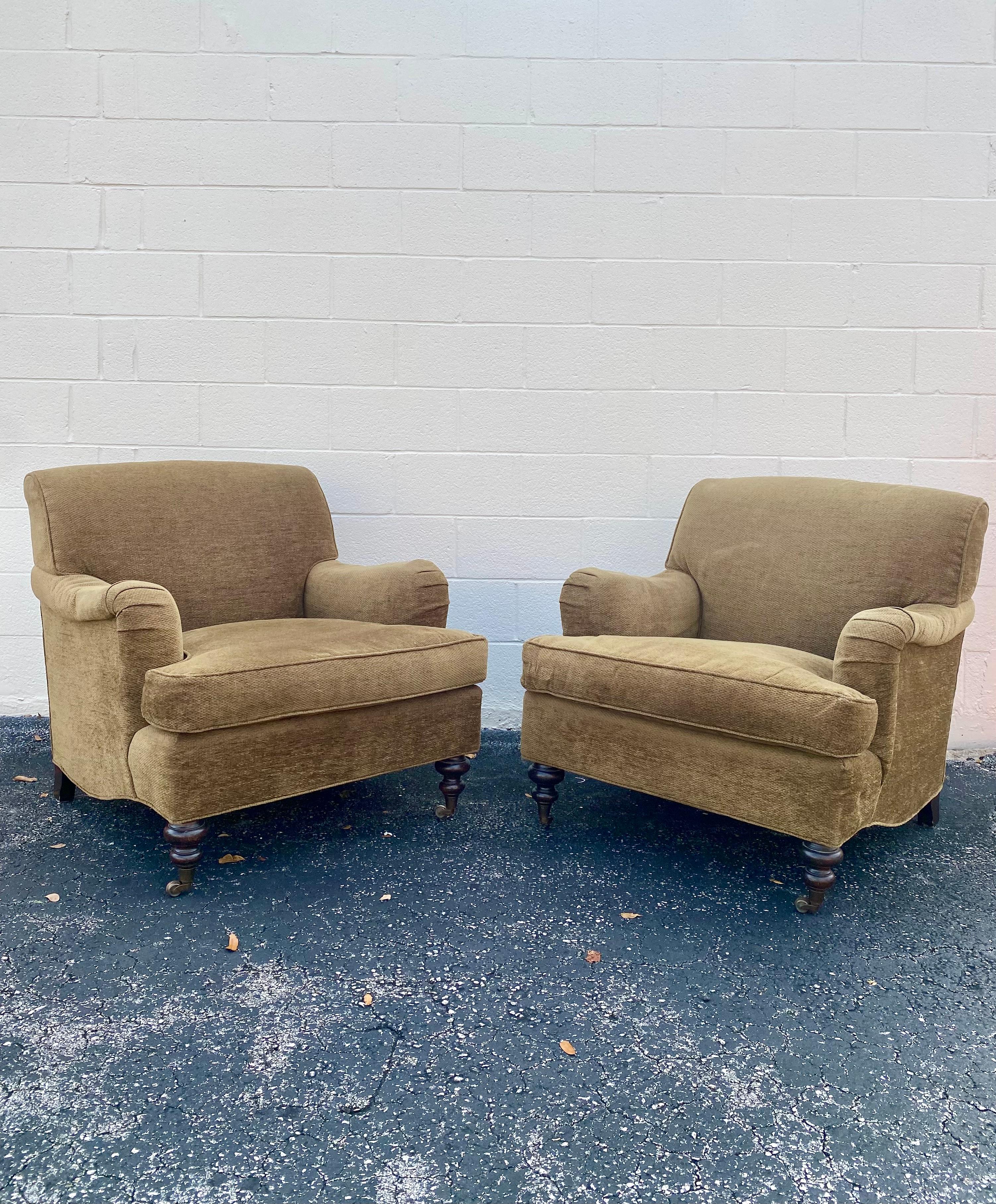 Mason-Art English Library Chenille Club Chairs on Castors, Set of 2 In Good Condition In Fort Lauderdale, FL