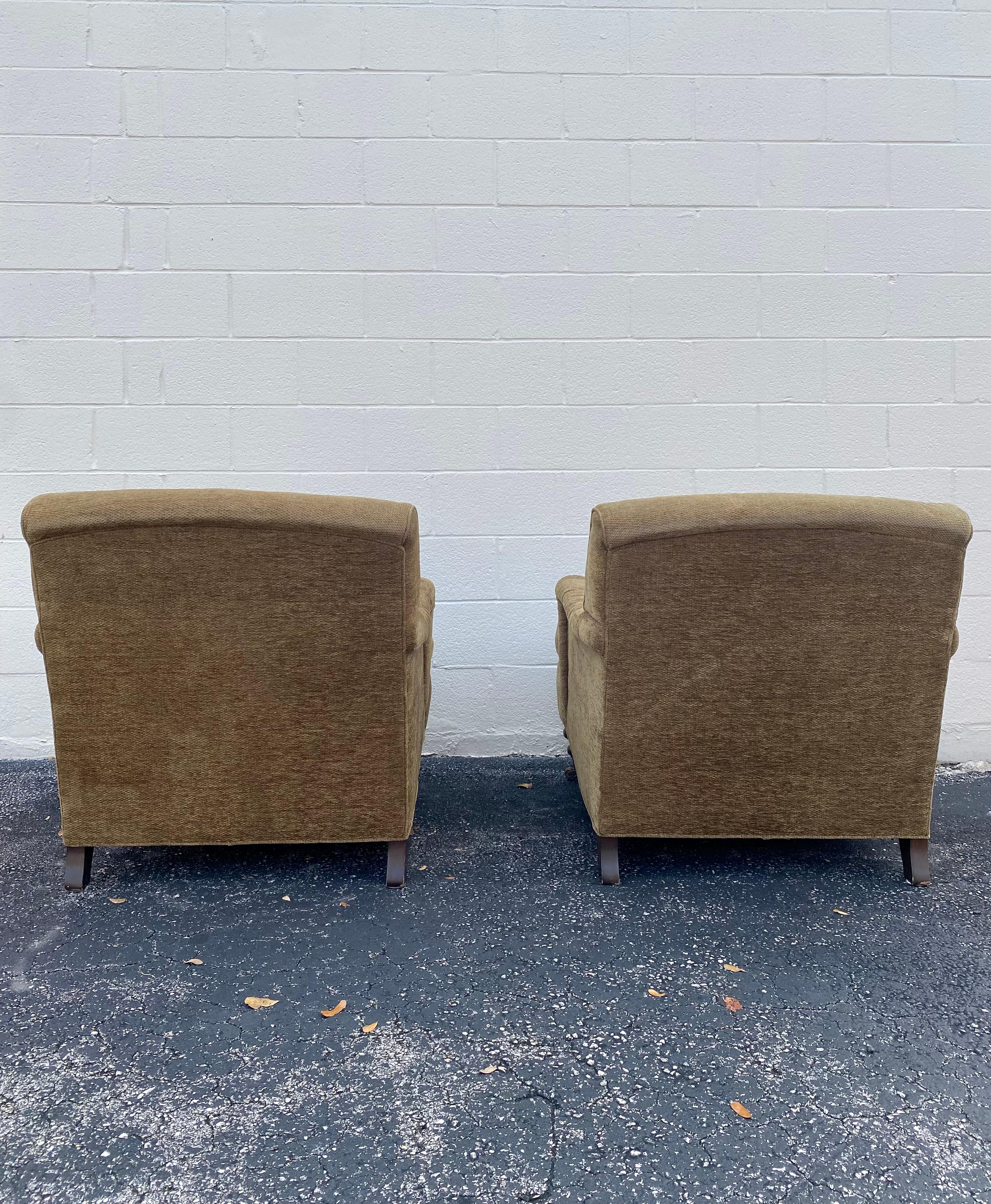 Late 20th Century Mason-Art English Library Chenille Club Chairs on Castors, Set of 2