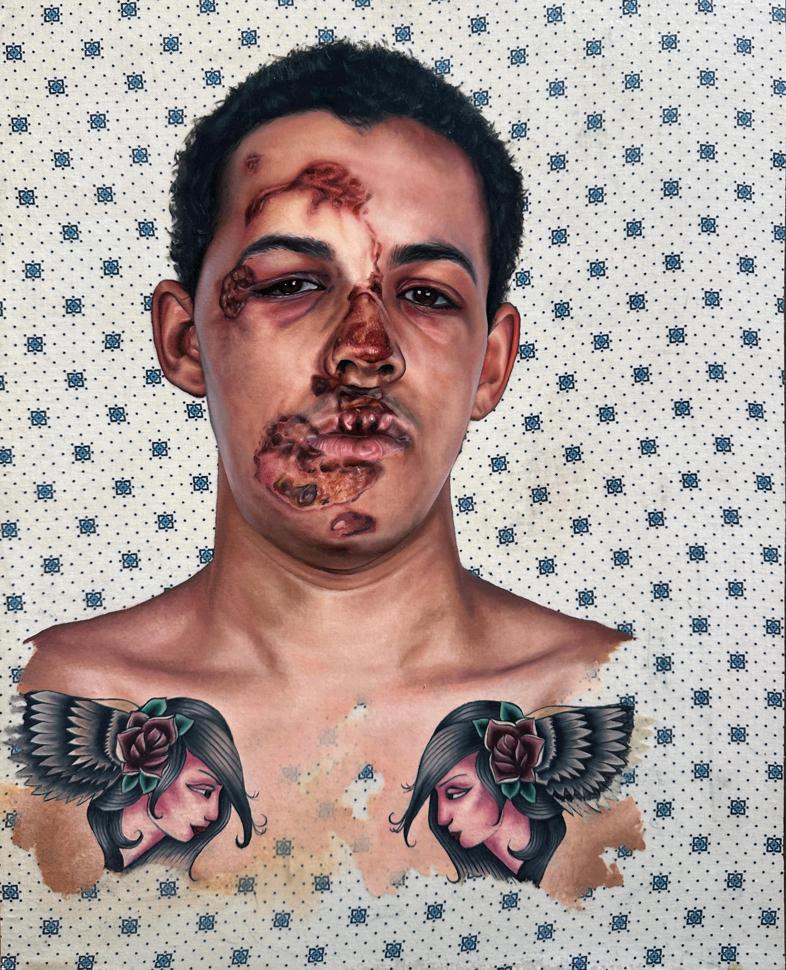 Incidente in bicicletta (Ritratto di Langston) - Olio su camice da ospedale, dipinto, incorniciato - Painting di Mason Cosmo Pott