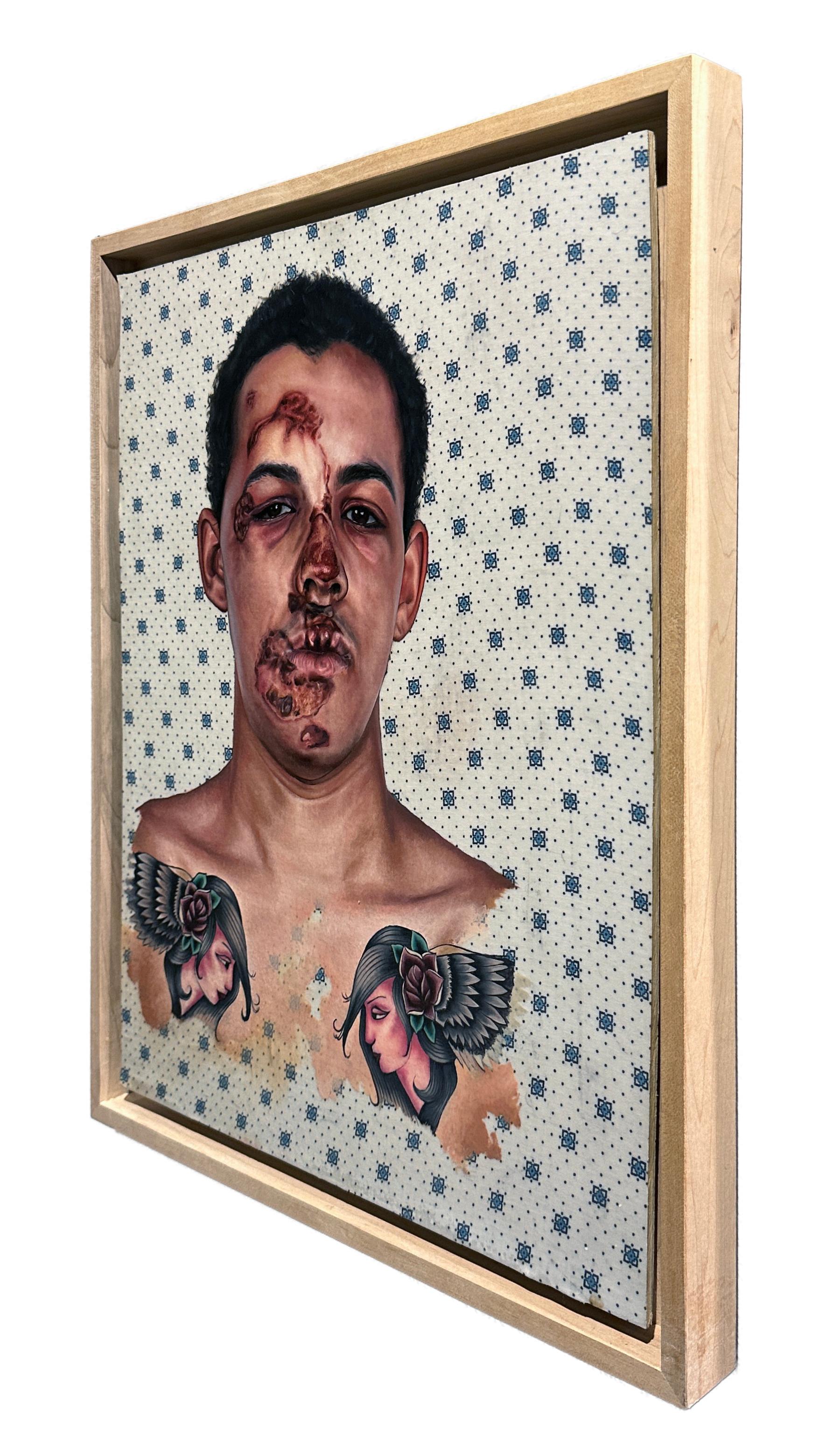 Bike Crash (Portrait of Langston) - Oil on Hospital Gown, Painting, Framed For Sale 2