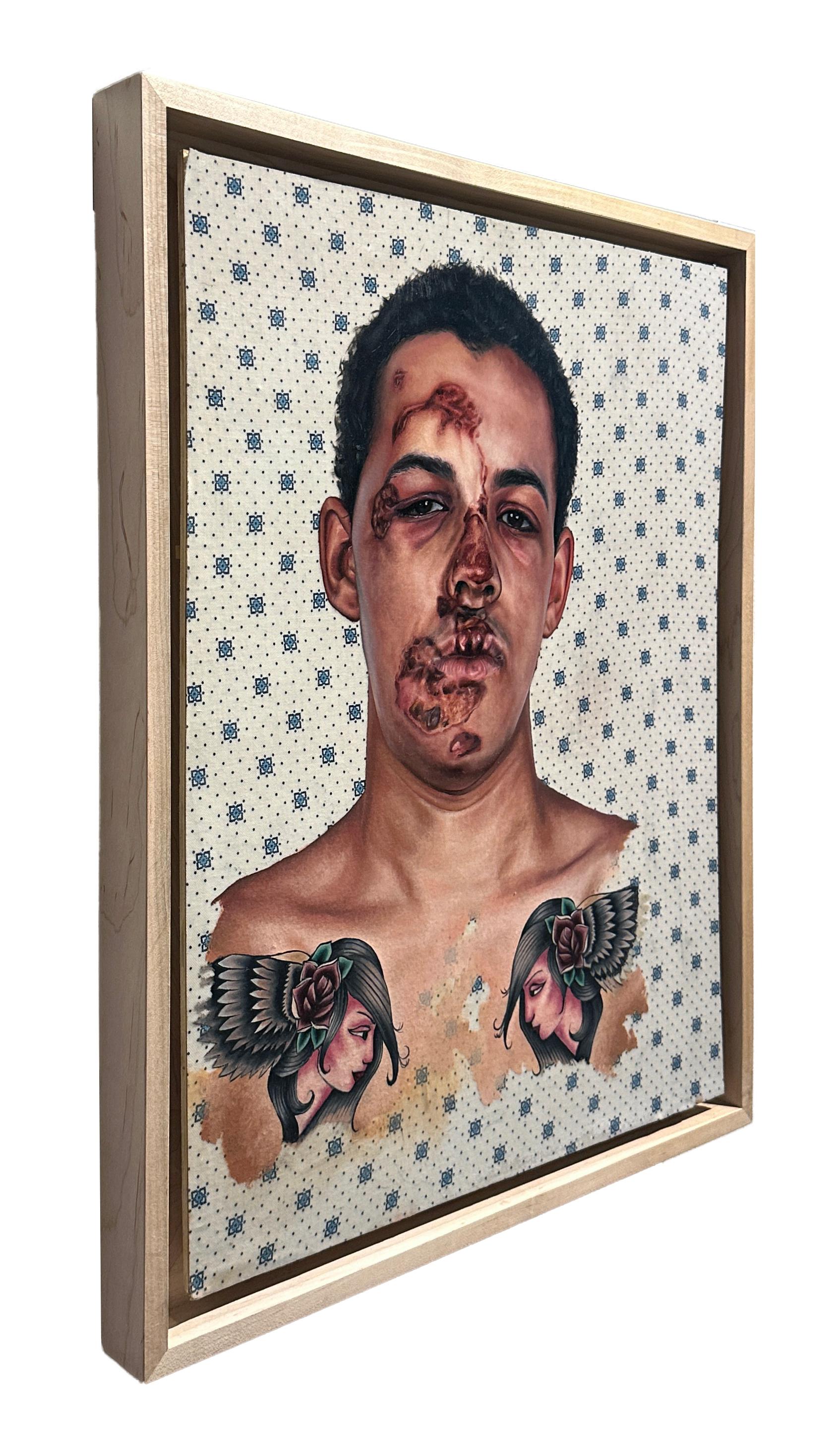 Bike Crash (Portrait of Langston) - Oil on Hospital Gown, Painting, Framed For Sale 4