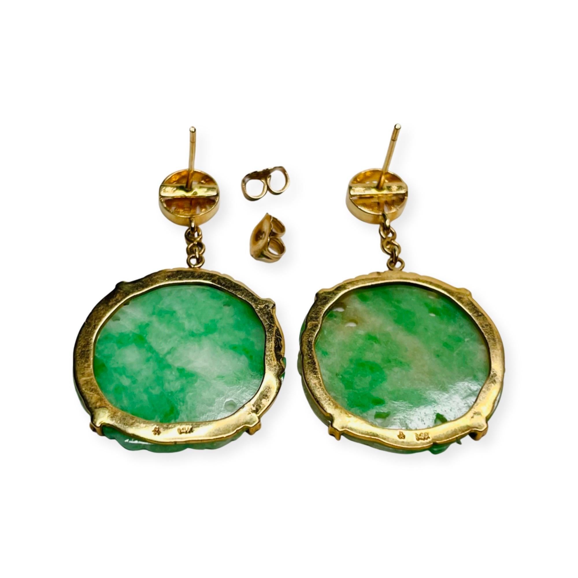 Round Cut Mason Kay 14K Yellow Gold Carved Natural Green Jadeite Earrings