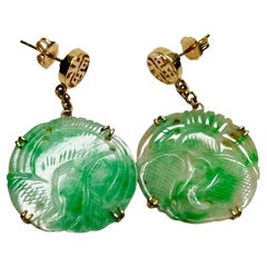 Mason Kay 14K Yellow Gold Carved Natural Green Jadeite Earrings