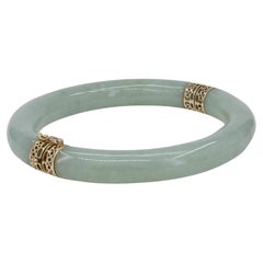 Vintage Mason Kay Certified Natural Green Jadeite Jade, 14K Yellow Gold Bangle