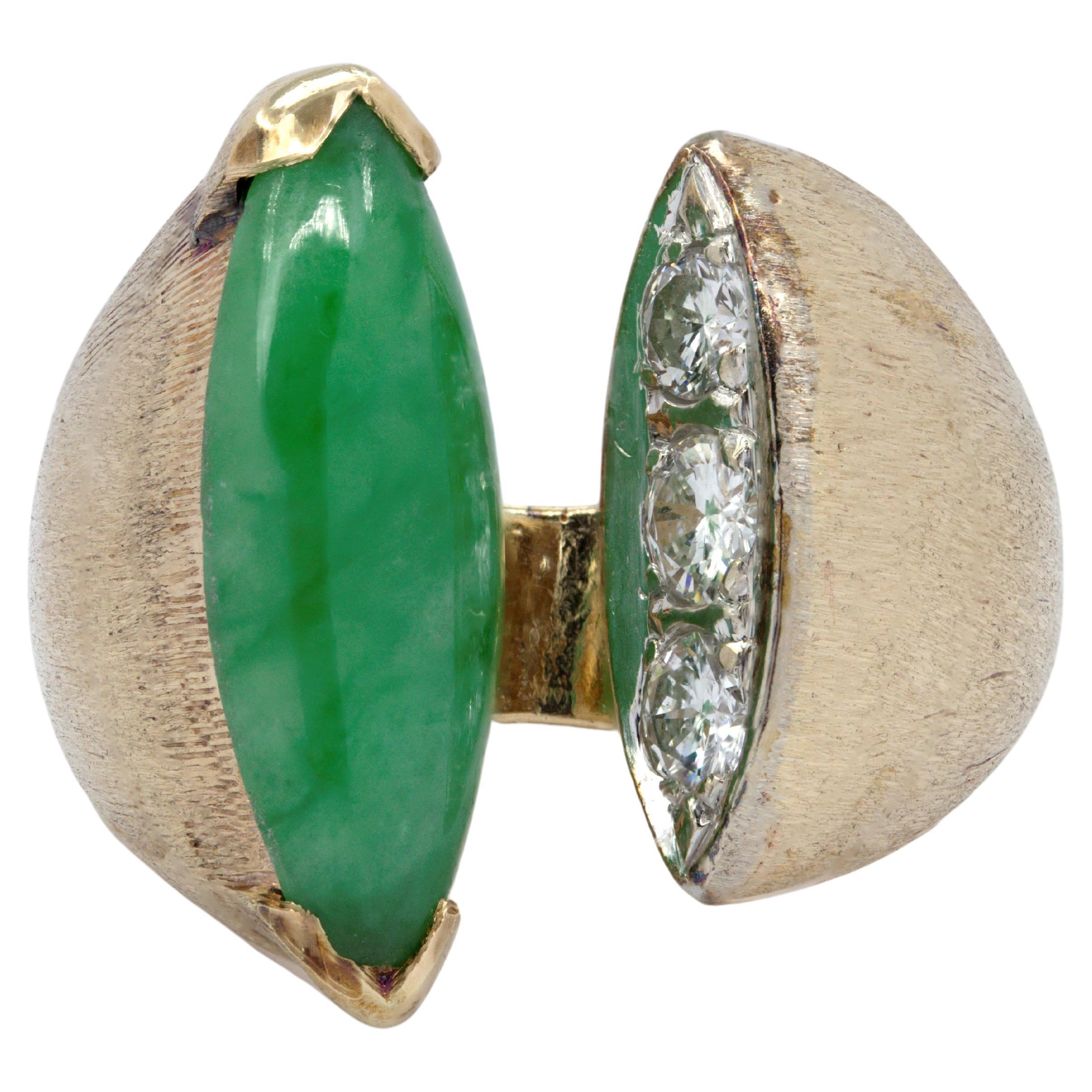 Mason Kay Certified Natural Green Jadeite Jade, Diamond, 14K Yellow Gold “Pinky” For Sale
