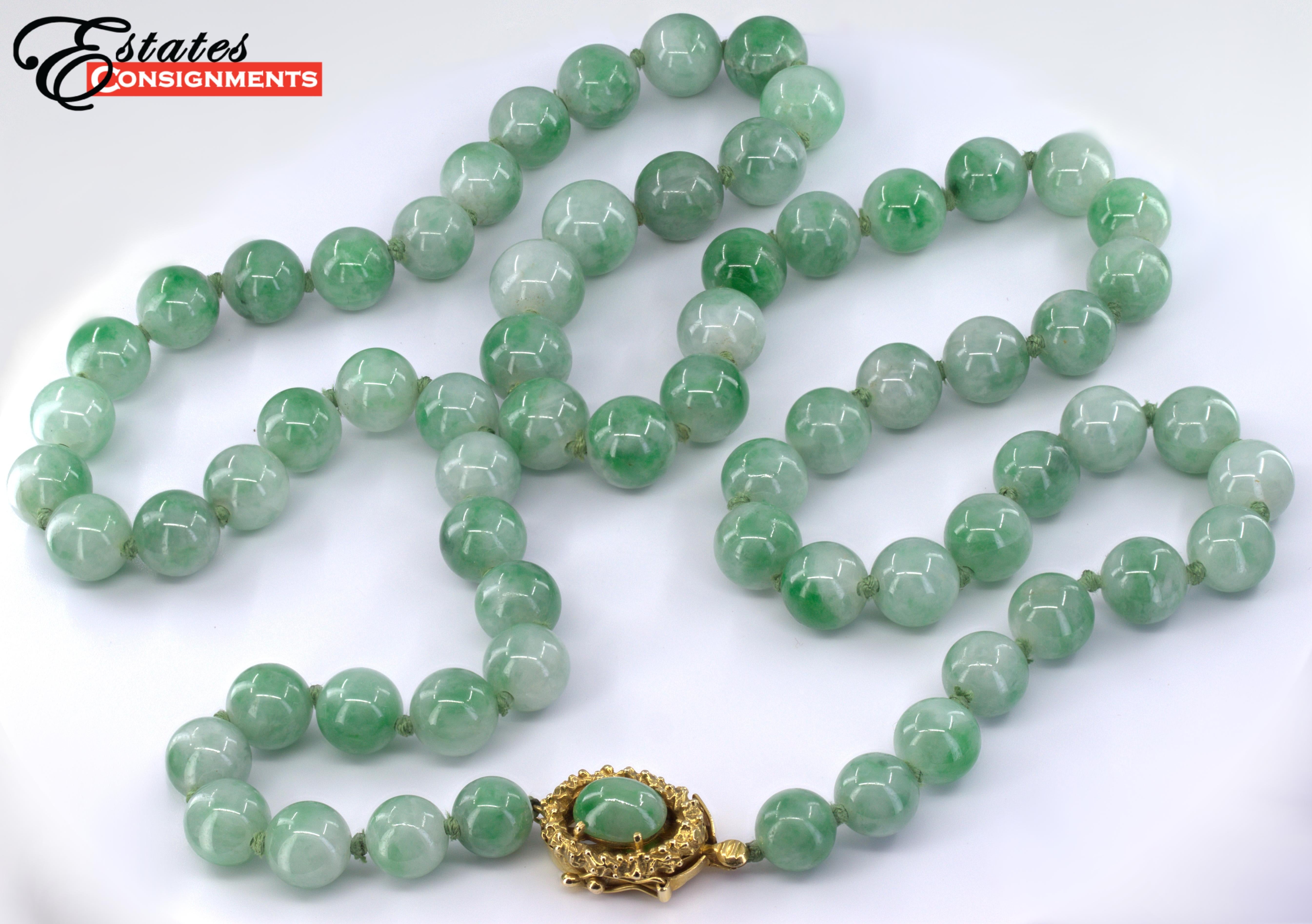Composed of (67) natural untreated mottled green to white, semi-translucent, textured, 9.0 mm, jadeite jade beads, accompanied by a Mason Kay Authenticity Report #230624-11782, dated June 24, 2023, stating Natural Jadeite Jade - no dye or