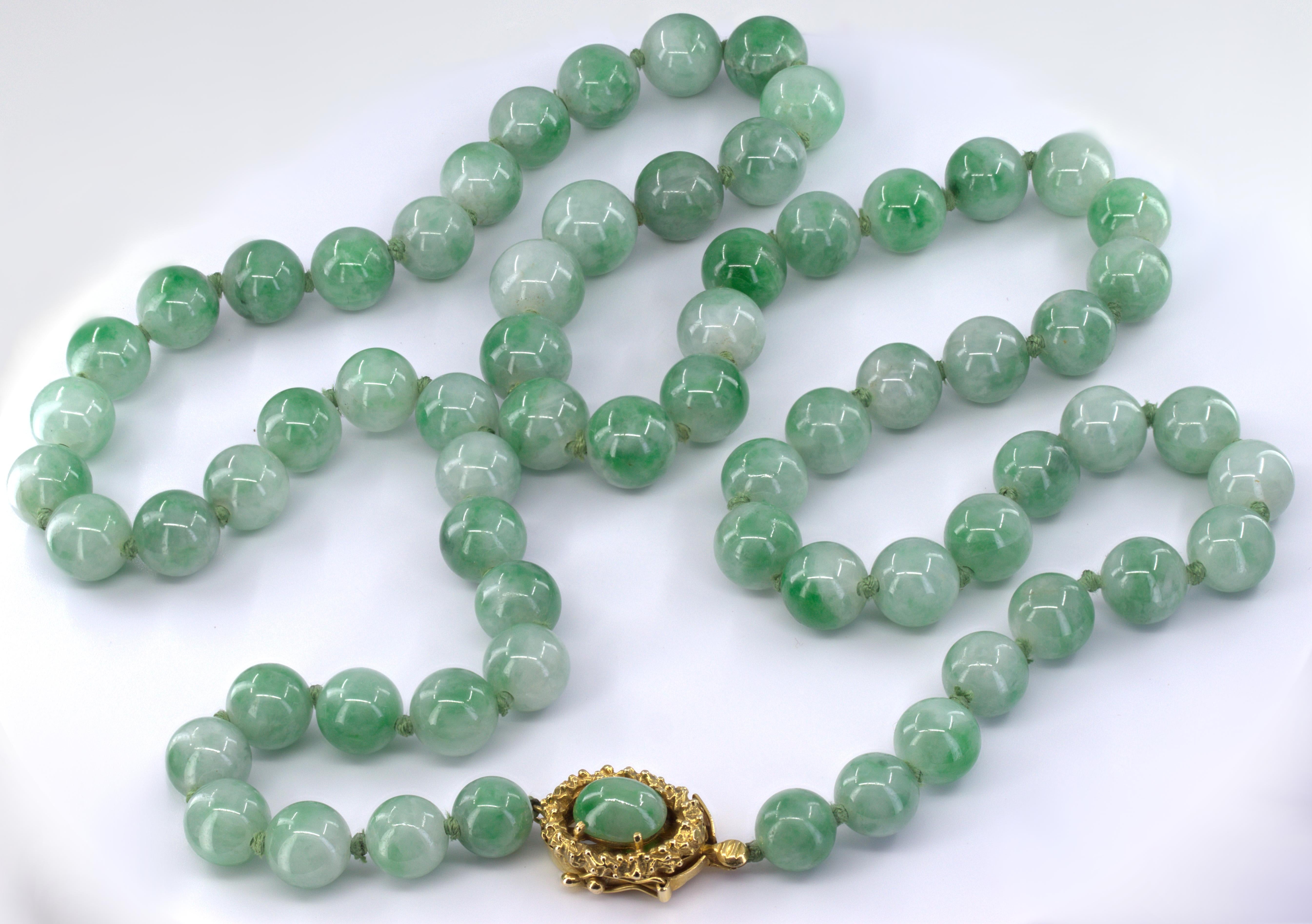 Mason Kay Certified Natural Jadeite Jade Bead, 14K Yellow Gold Necklace For Sale 2