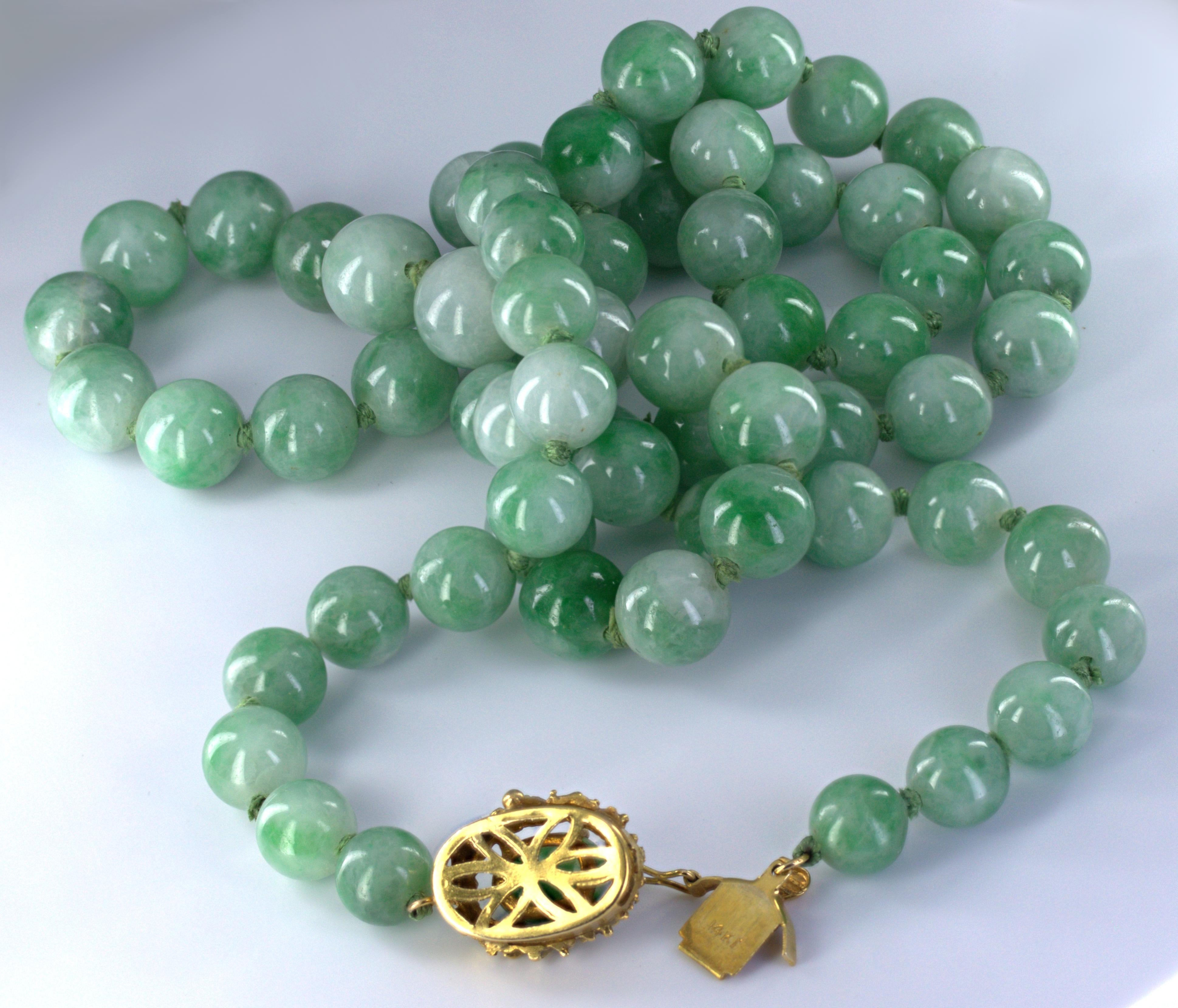 Mason Kay Certified Natural Jadeite Jade Bead, 14K Yellow Gold Necklace For Sale 3