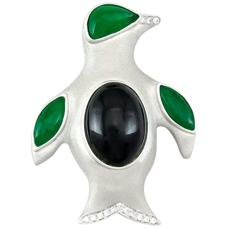 Mason-Kay Designer Natural Green Jade and Diamond Penguin Pin/Pendant