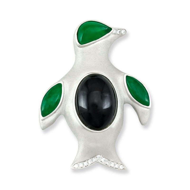 Cabochon Mason-Kay Designer Natural Green Jade and Diamond Penguin Pin/Pendant