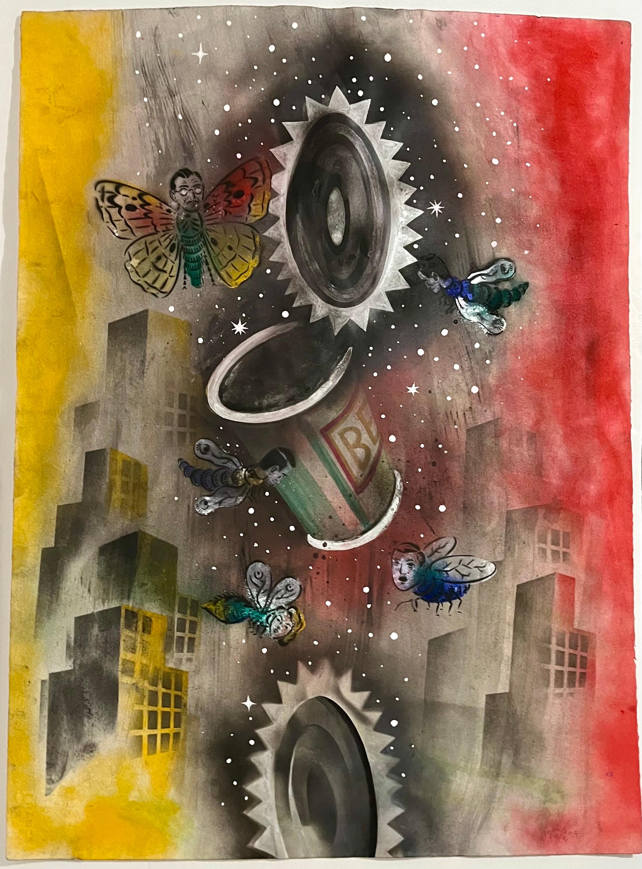 Abstract Surrealist Spray Paint Mixed Media Painting Outsider Art Mason Rader For Sale 1