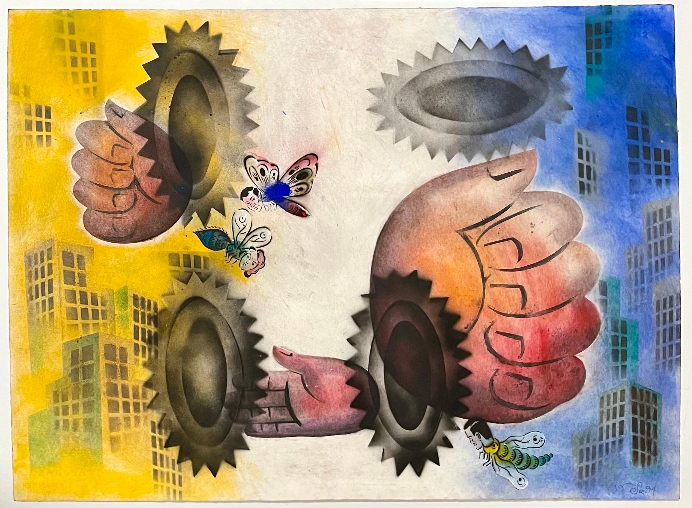 Outsider Art Abstract Surrealist Spray Paint Mixed Media Painting Mason Rader For Sale 1