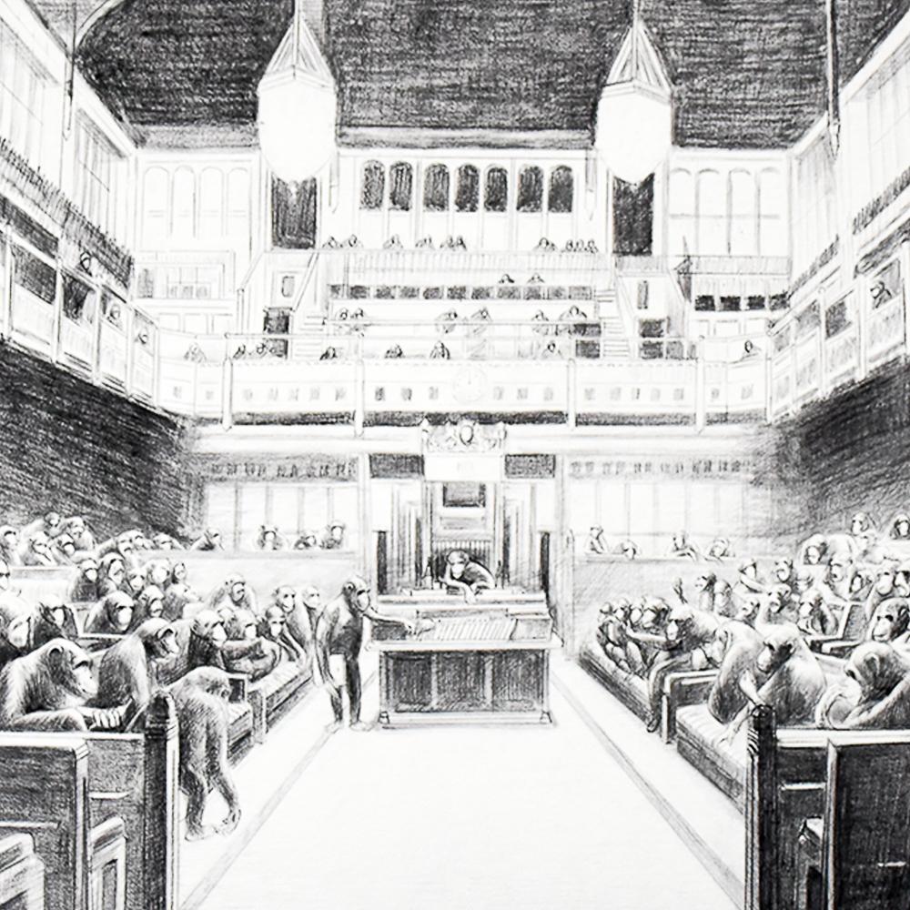 Luci accese in Parlamento nella versione con i politici raffigurati come scimmie.
Stampa giclée basata sul disegno di Mason Storm.
Edizione limitata a tempo che si è esaurita rapidamente nel 2021.
Firmato a mano da Mason Storm sul retro della