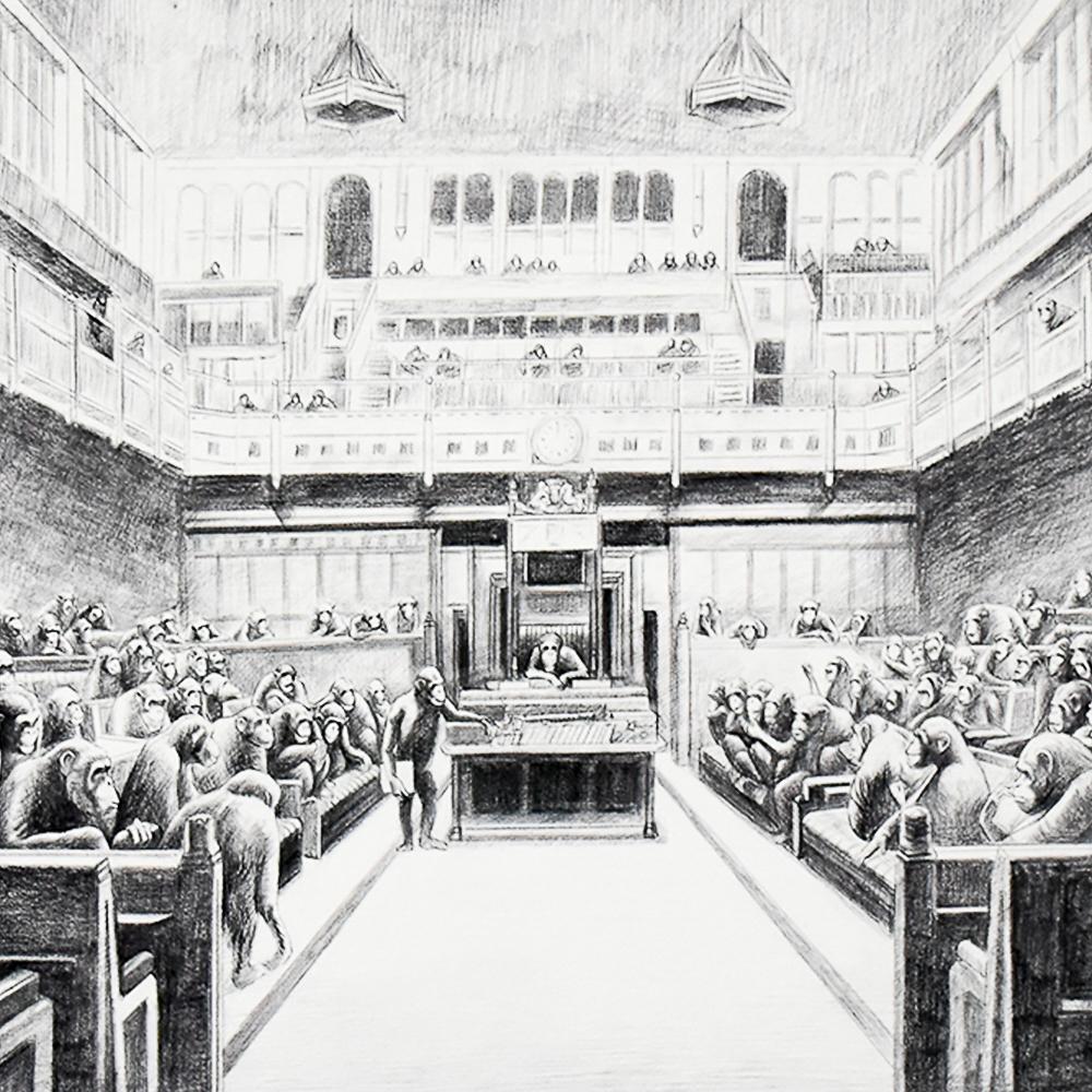 Luci spente nella versione del Parlamento con i politici raffigurati come scimmie.
Stampa giclée basata sul disegno di Mason Storm.
Edizione limitata a tempo che si è esaurita rapidamente nel 2021.
Firmato a mano da Mason Storm sul retro della