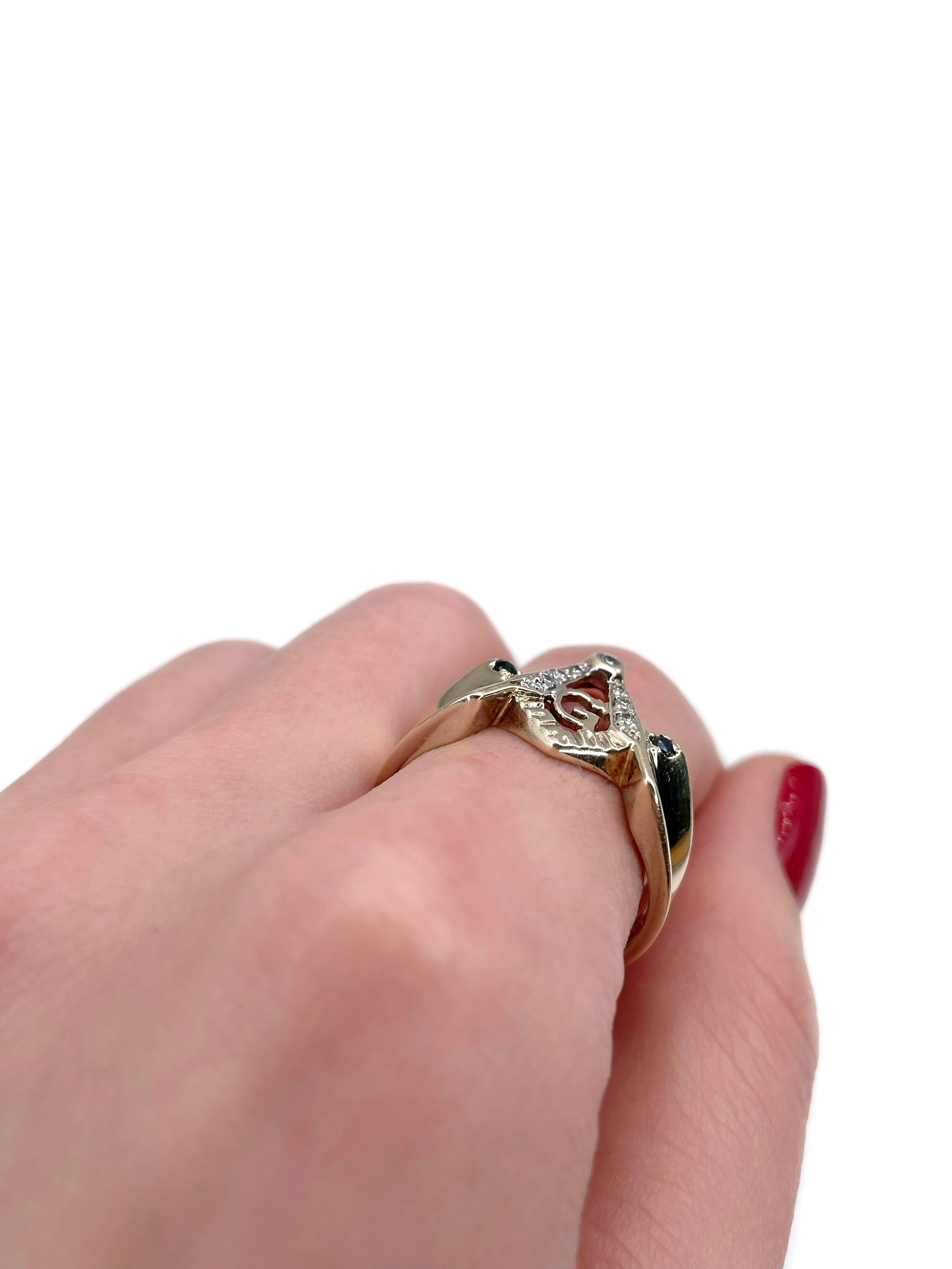 Modern Masonic 10 Karat Gold Diamond Sapphire Square And Compasses Ring For Sale