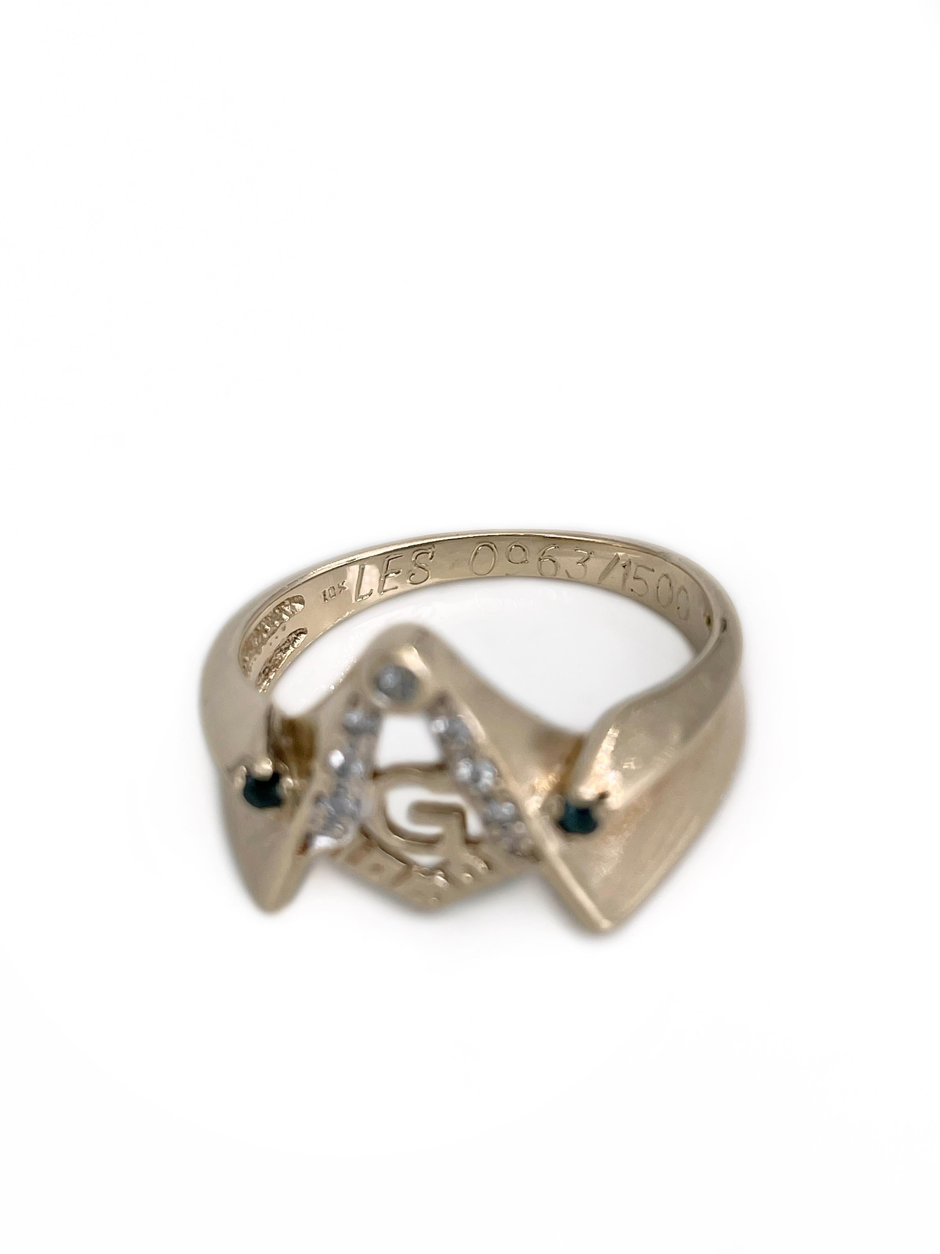 Women's or Men's Masonic 10 Karat Gold Diamond Sapphire Square And Compasses Ring For Sale